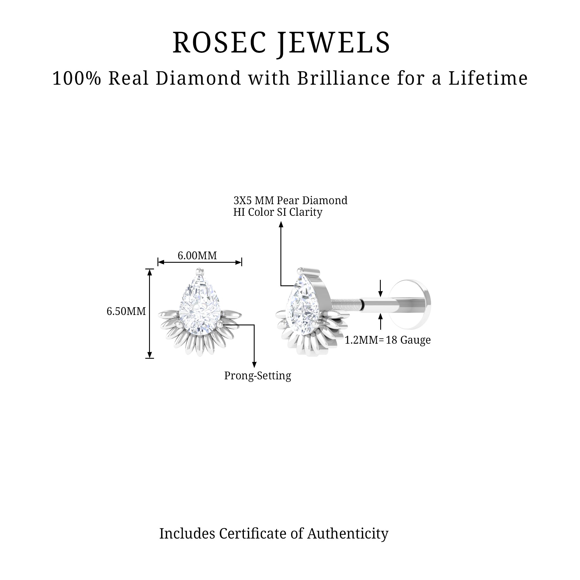 Pear Shape Diamond Solitaire Helix Earring Natural - ( HI-SI ) - Rosec Jewels
