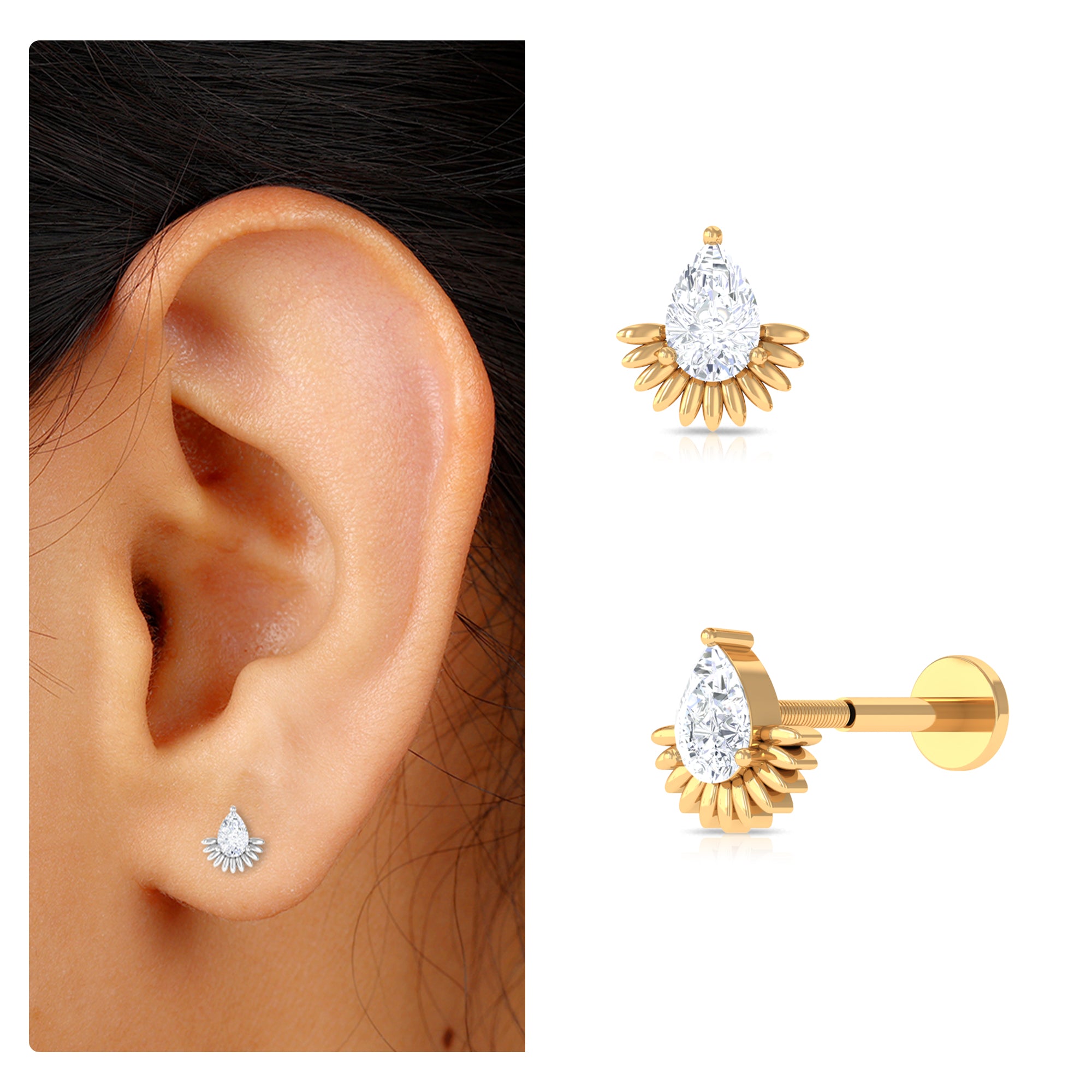Pear Shape Diamond Solitaire Helix Earring Natural - ( HI-SI ) - Rosec Jewels