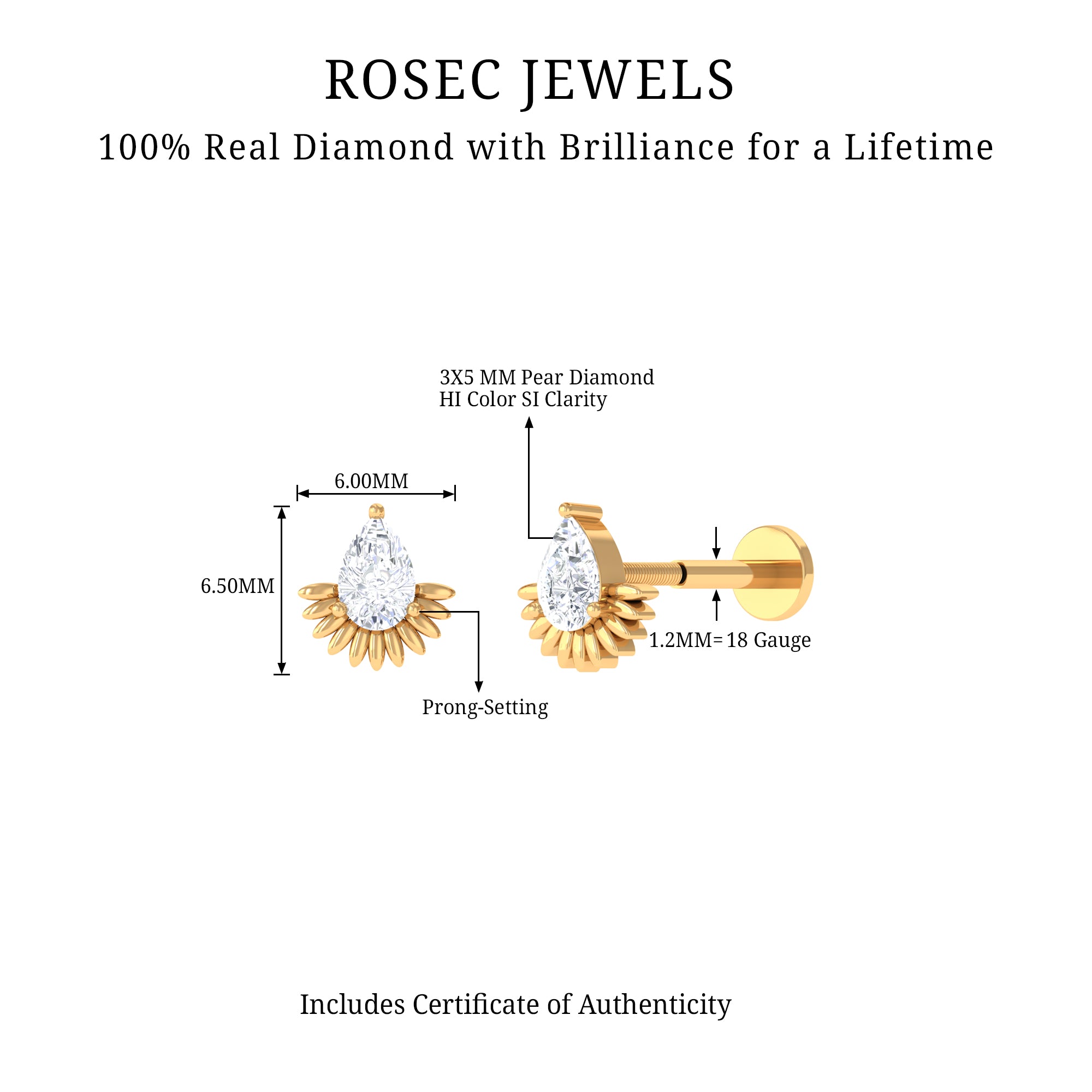 Pear Shape Diamond Solitaire Helix Earring Natural - ( HI-SI ) - Rosec Jewels