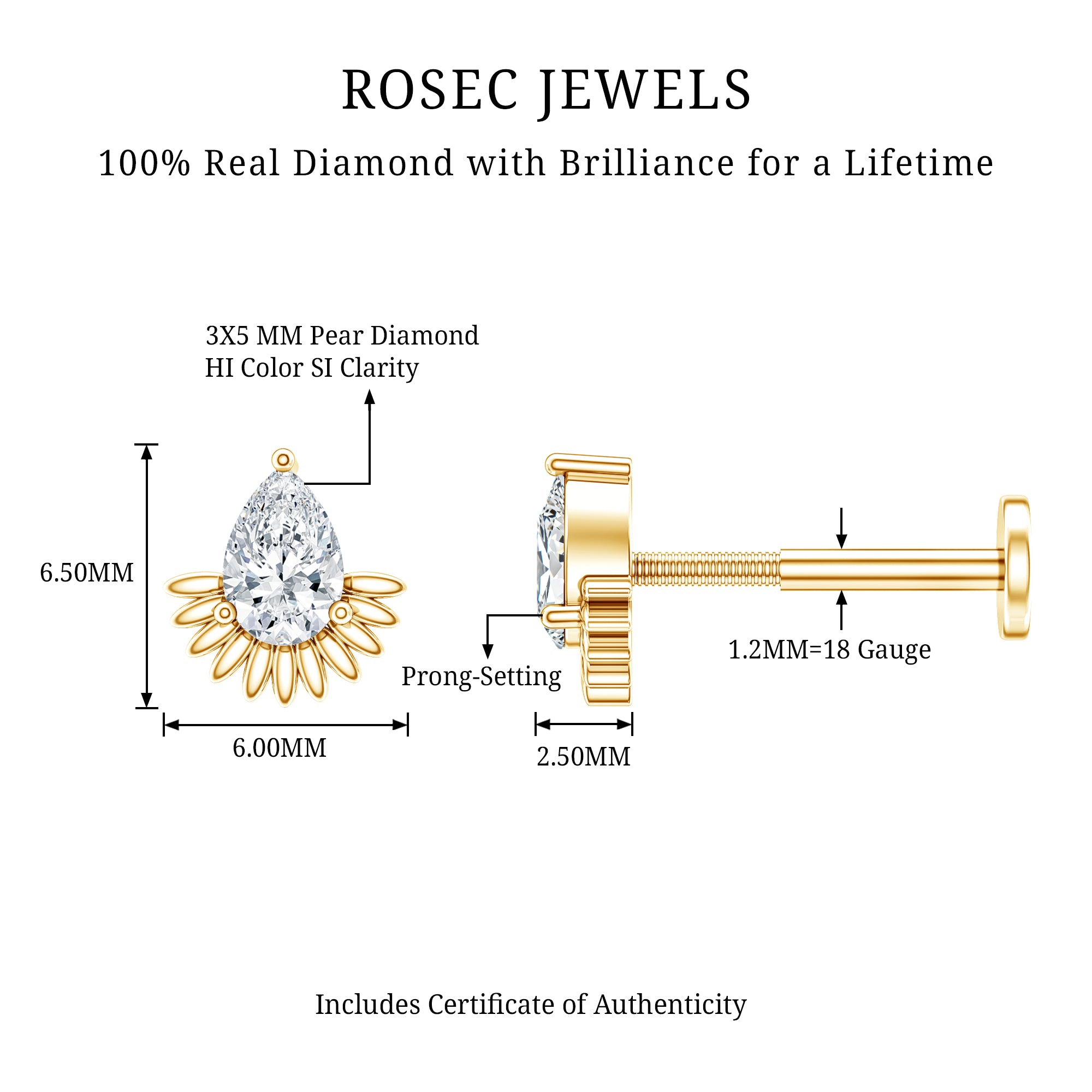 Pear Shape Diamond Solitaire Helix Earring Natural - ( HI-SI ) - Rosec Jewels