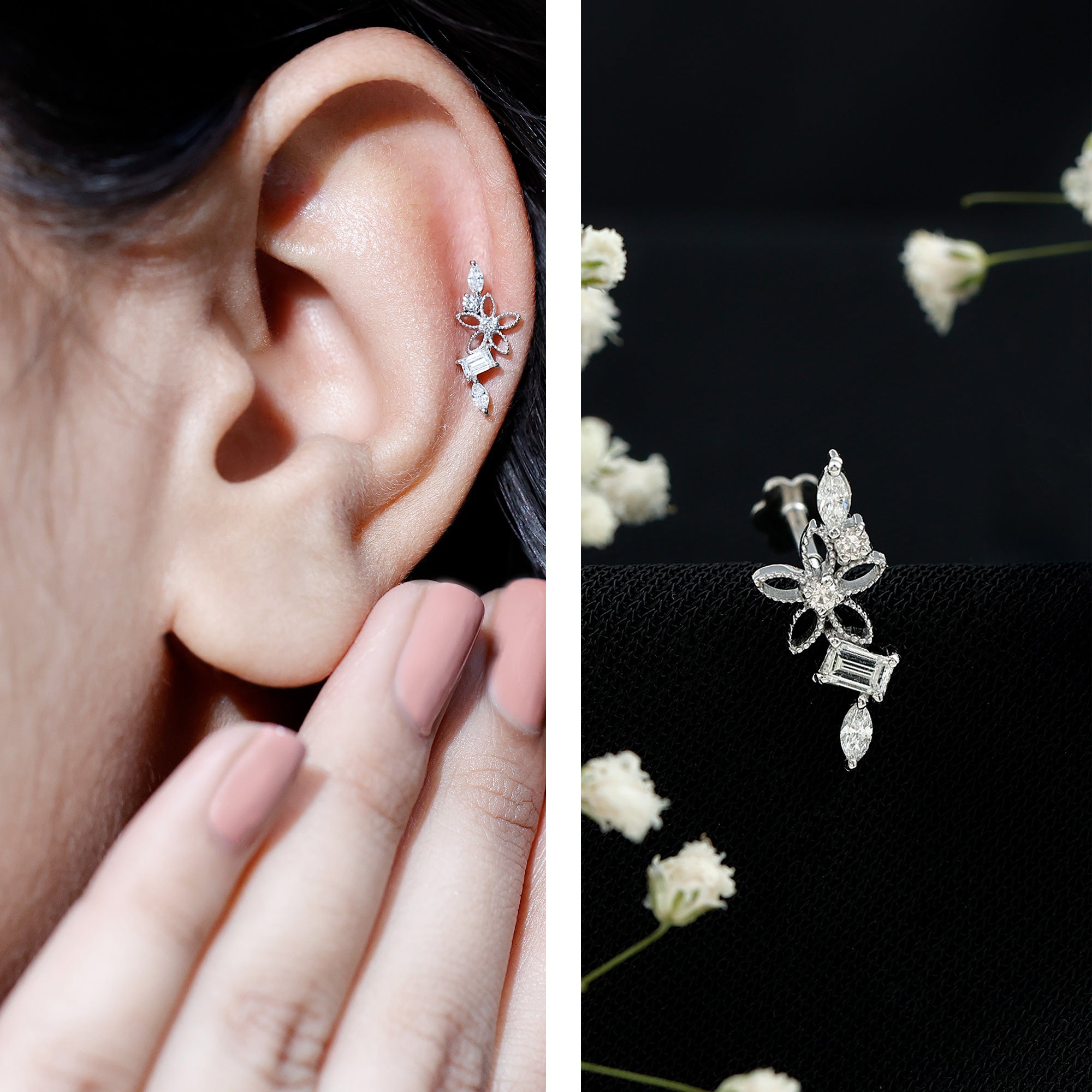 Real Diamond Flower Crawler Earring for Helix Piercing Natural - ( HI-SI ) - Rosec Jewels