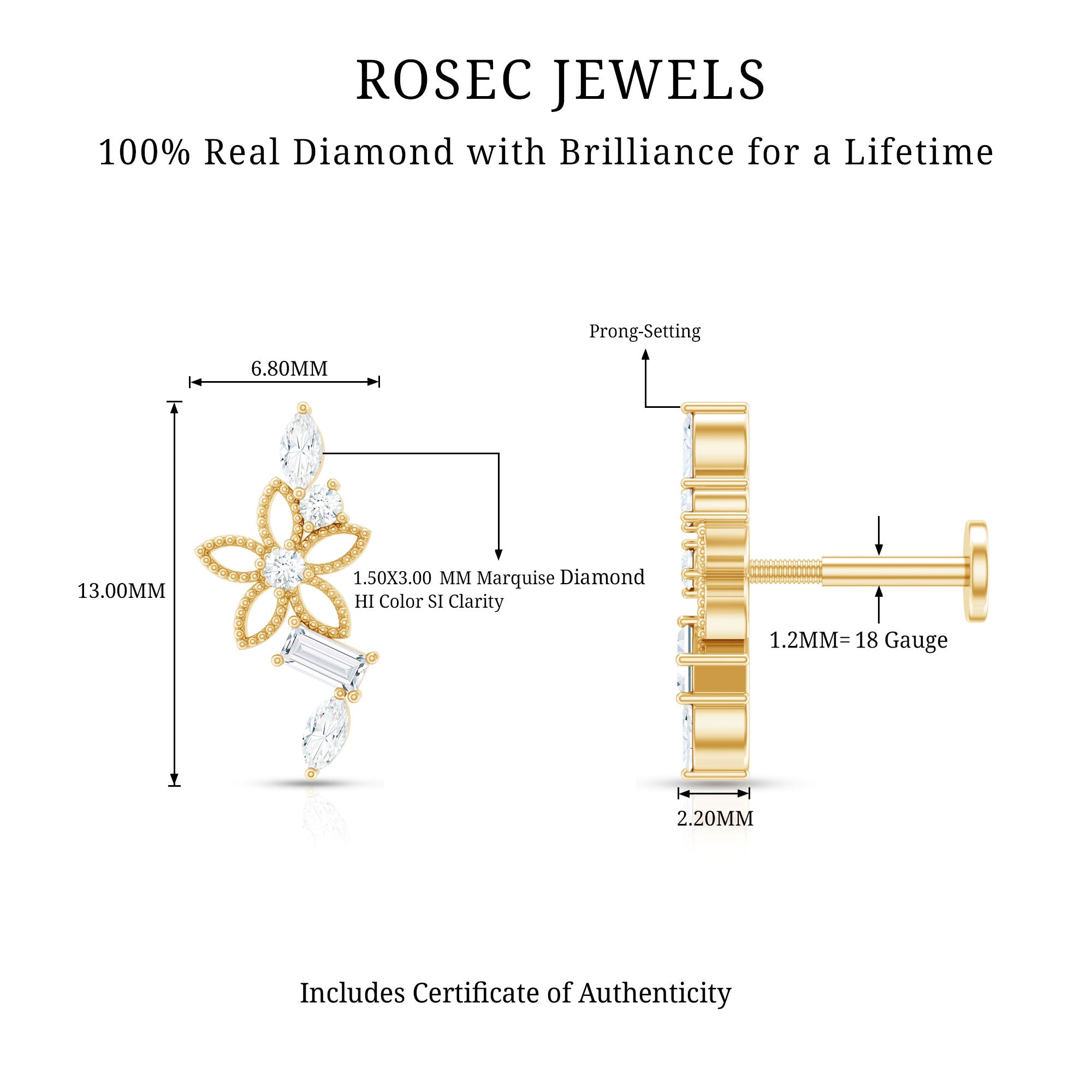 Real Diamond Flower Crawler Earring for Helix Piercing Natural - ( HI-SI ) - Rosec Jewels