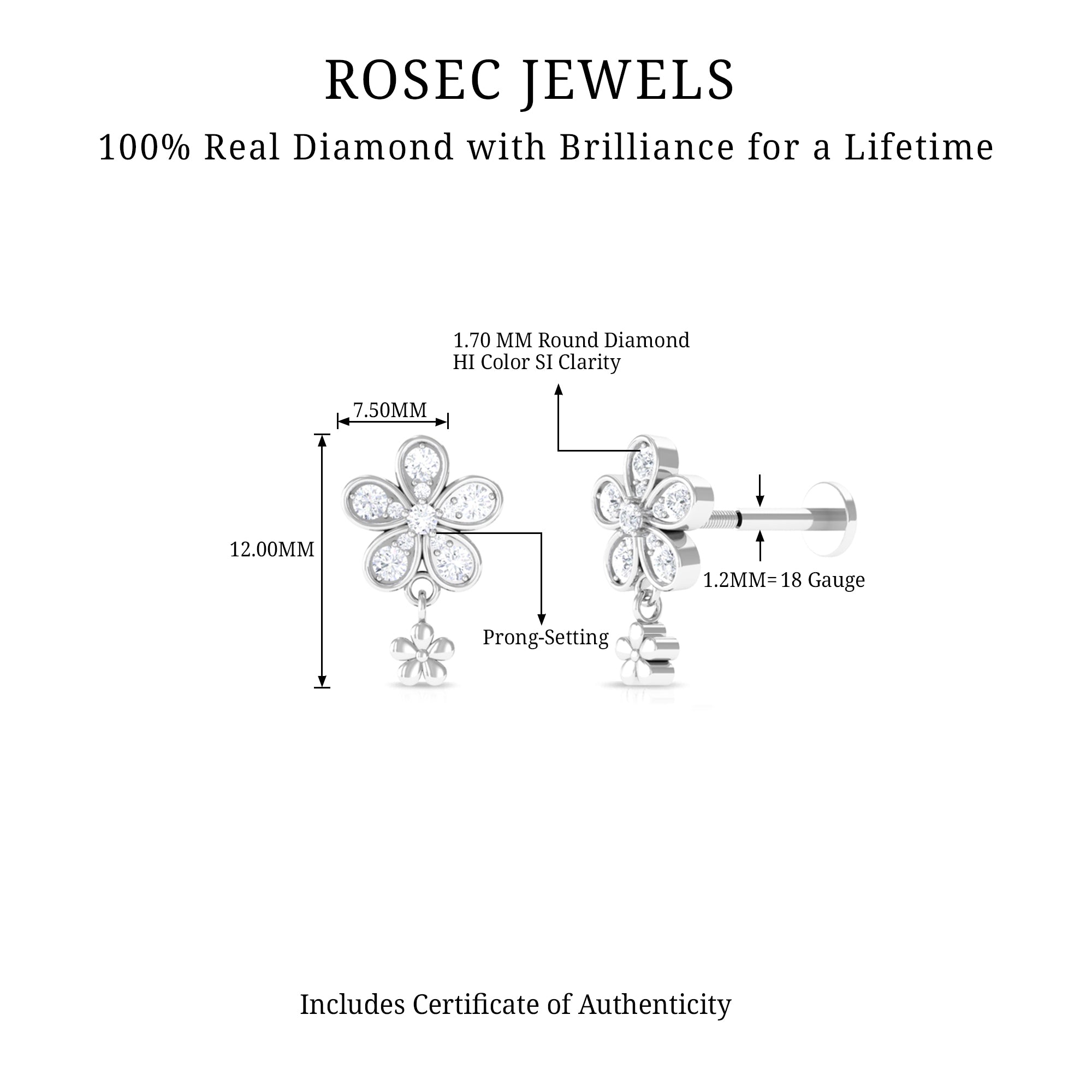 Certified Diamond Flower Helix Drop Earring Natural - ( HI-SI ) - Rosec Jewels