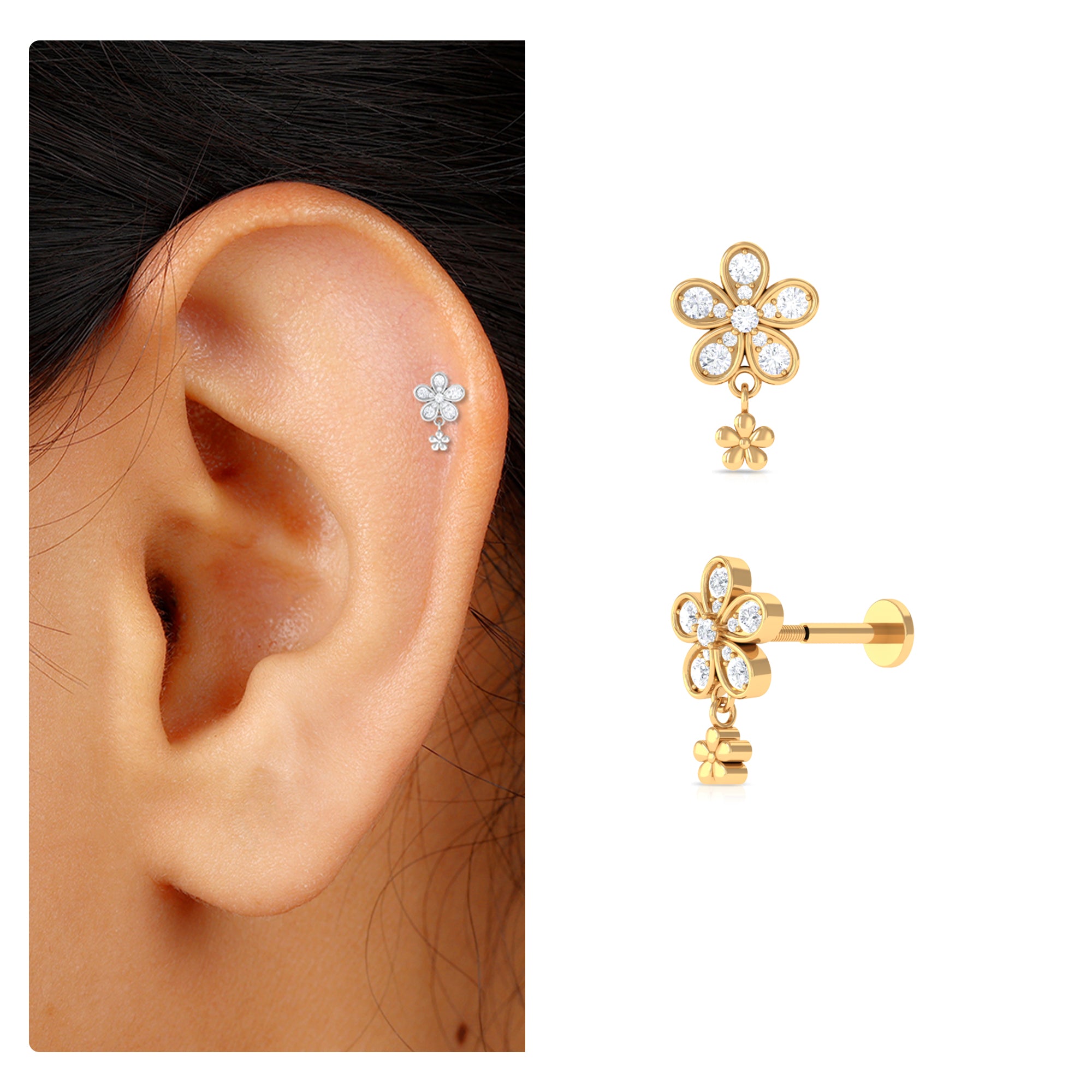 Certified Diamond Flower Helix Drop Earring Natural - ( HI-SI ) - Rosec Jewels