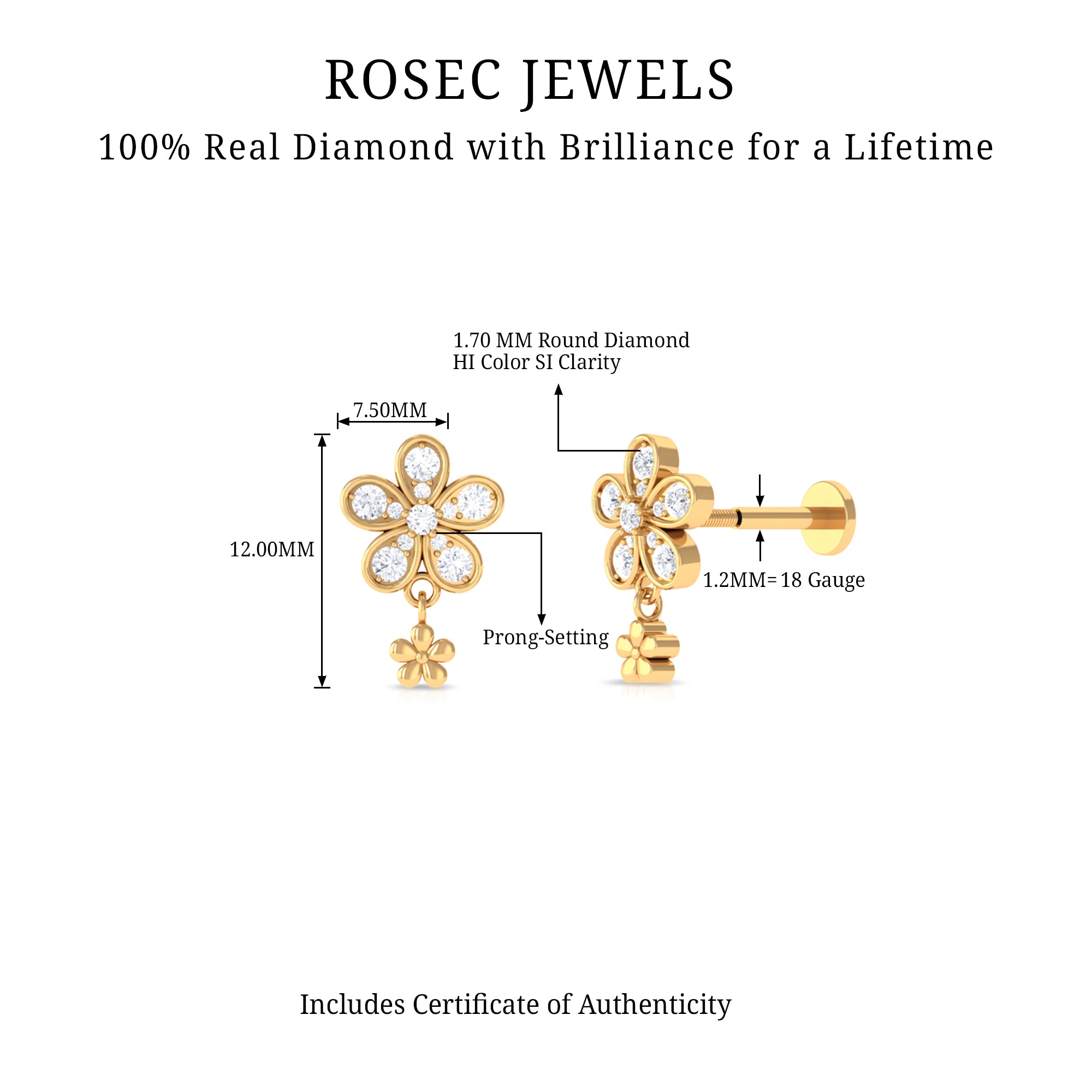 Certified Diamond Flower Helix Drop Earring Natural - ( HI-SI ) - Rosec Jewels