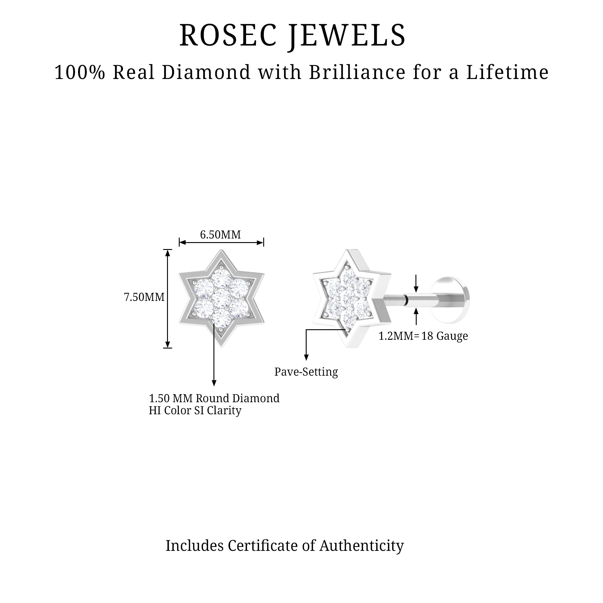 Certified Diamond Star Earring for Helix Piercing Natural - ( HI-SI ) - Rosec Jewels