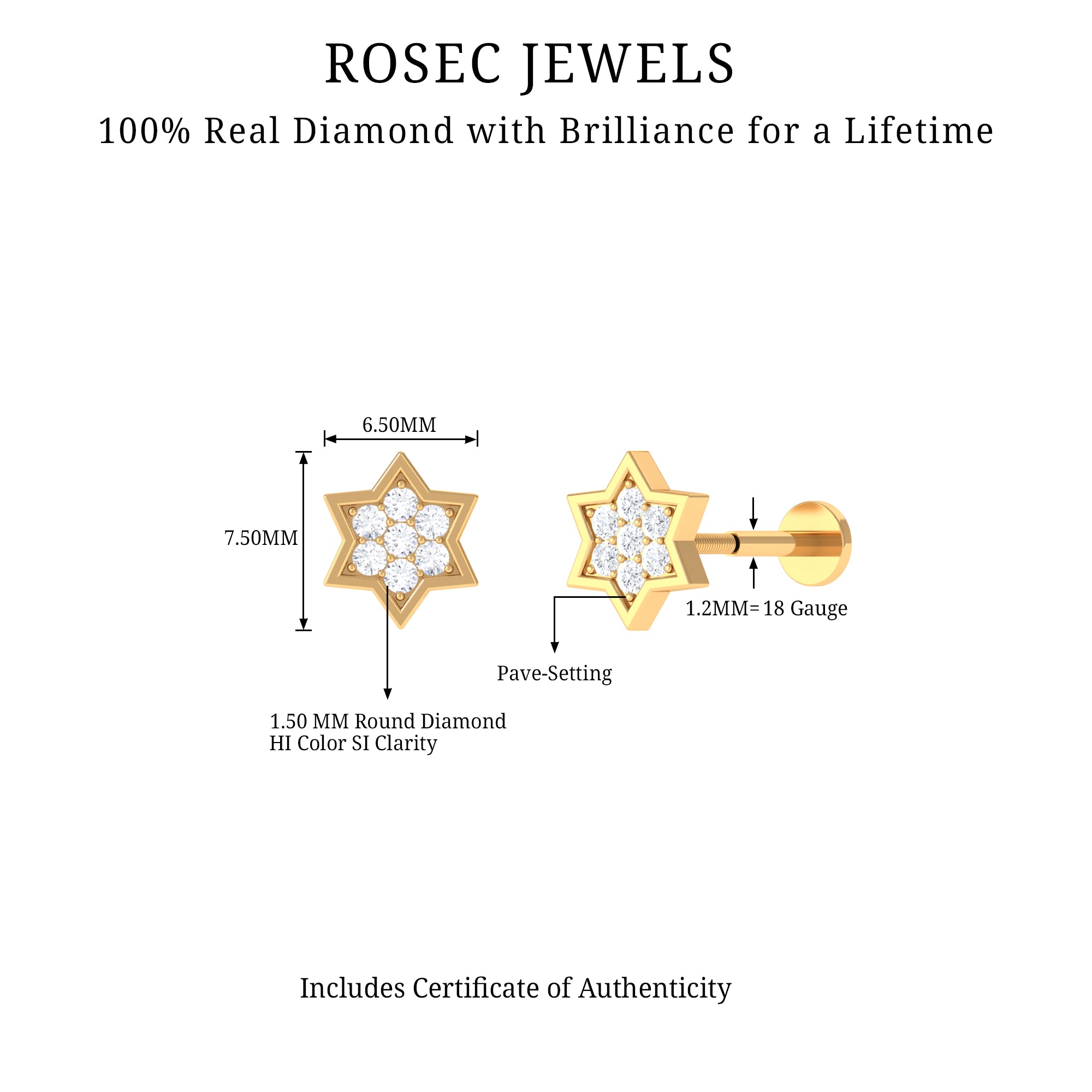 Certified Diamond Star Earring for Helix Piercing Natural - ( HI-SI ) - Rosec Jewels