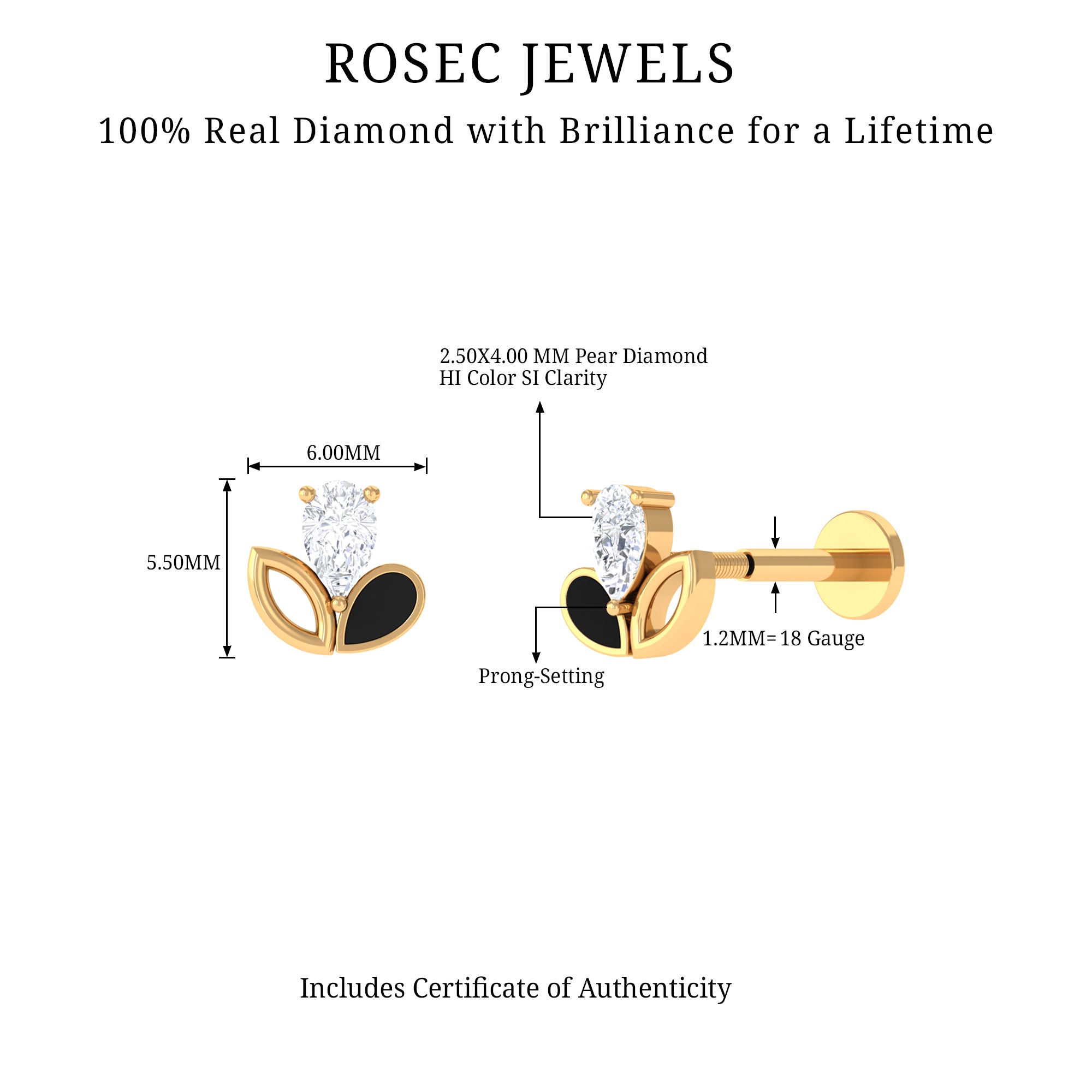 Pear Shape Diamond Leaf Earring for Helix Piercing Natural - ( HI-SI ) - Rosec Jewels
