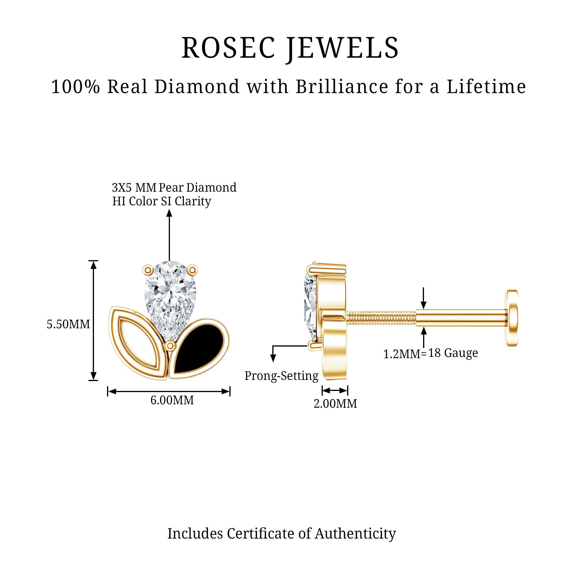 Pear Shape Diamond Leaf Earring for Helix Piercing Natural - ( HI-SI ) - Rosec Jewels