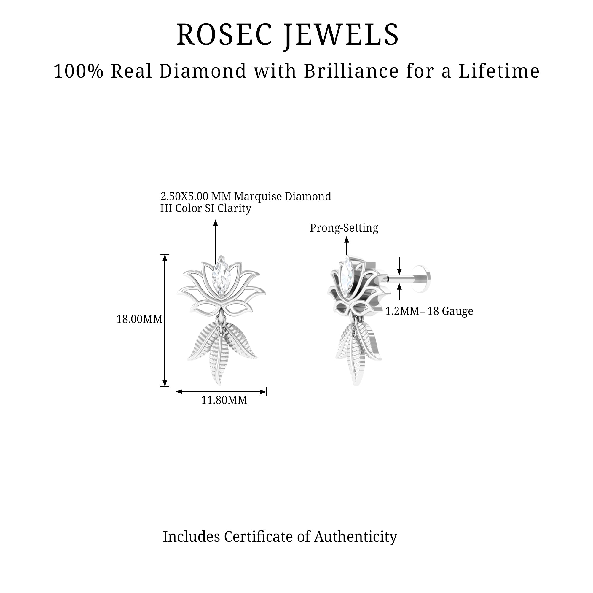 Marquise Diamond Lotus Flower Drop Earring Natural - ( HI-SI ) - Rosec Jewels