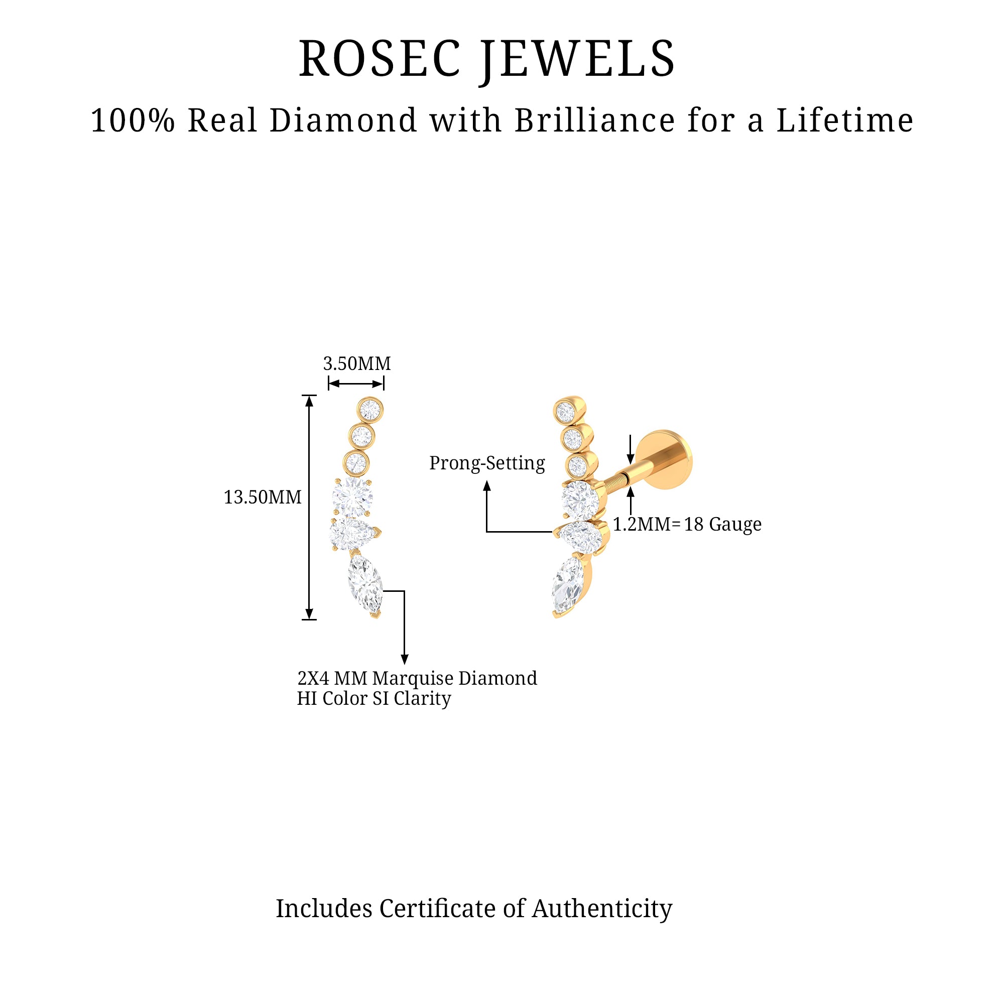 Genuine Diamond Crawler Earring for Cartilage Piercing Natural - ( HI-SI ) - Rosec Jewels