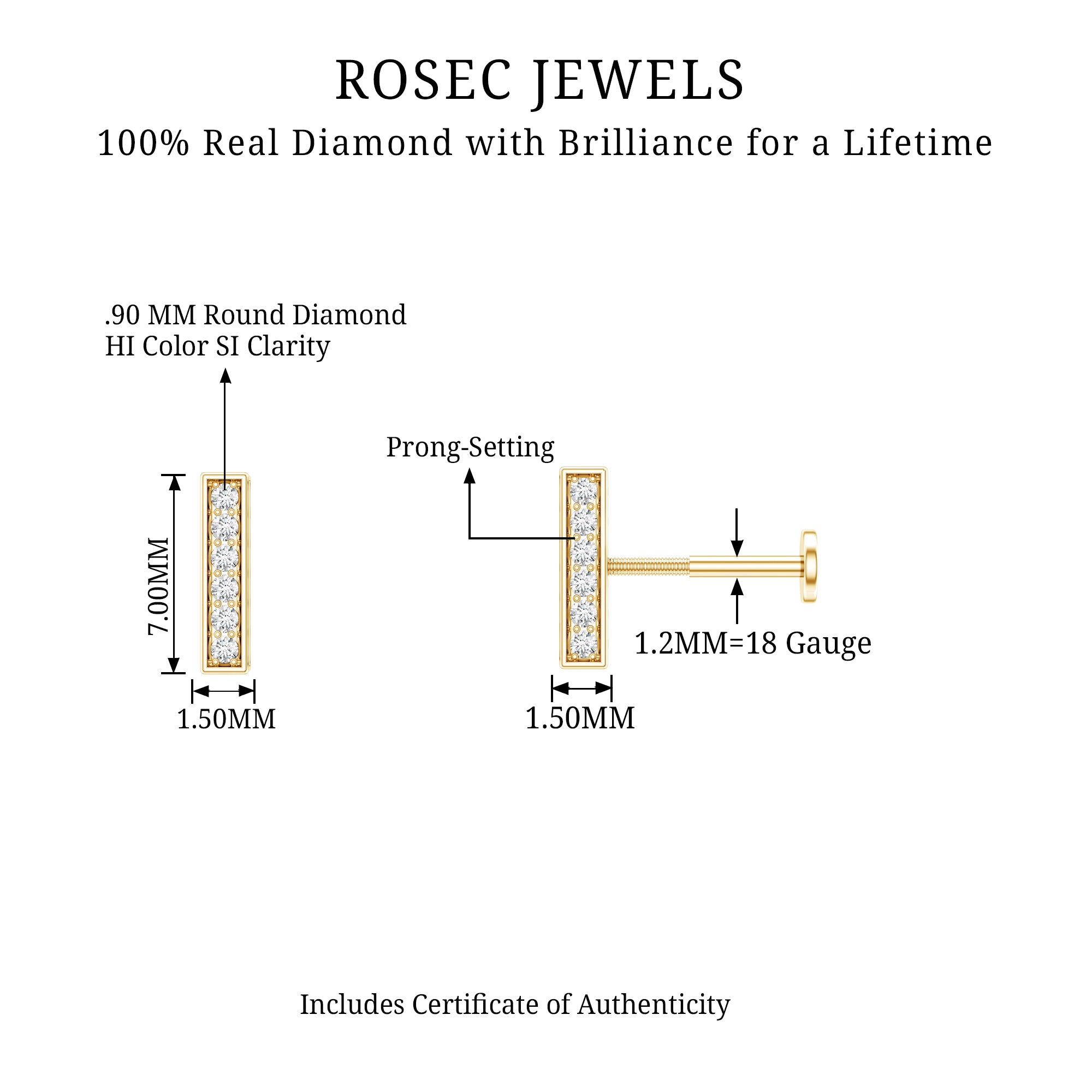 Diamond Bar Earring for Tragus Piercing Natural - ( HI-SI ) - Rosec Jewels