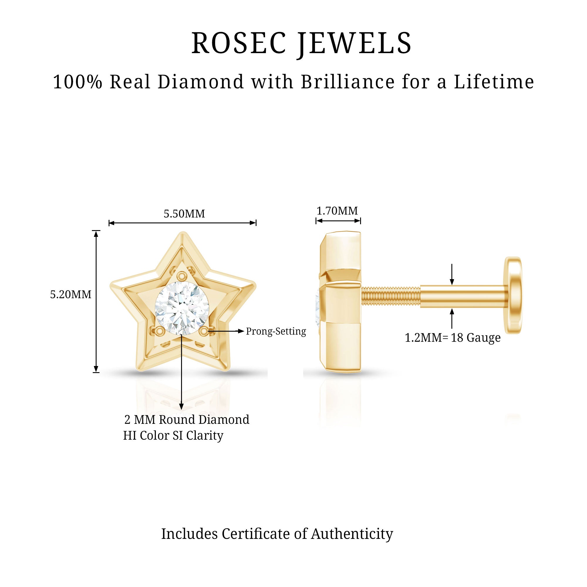 Dainty Diamond Star Earring for Tragus Piercing Natural - ( HI-SI ) - Rosec Jewels