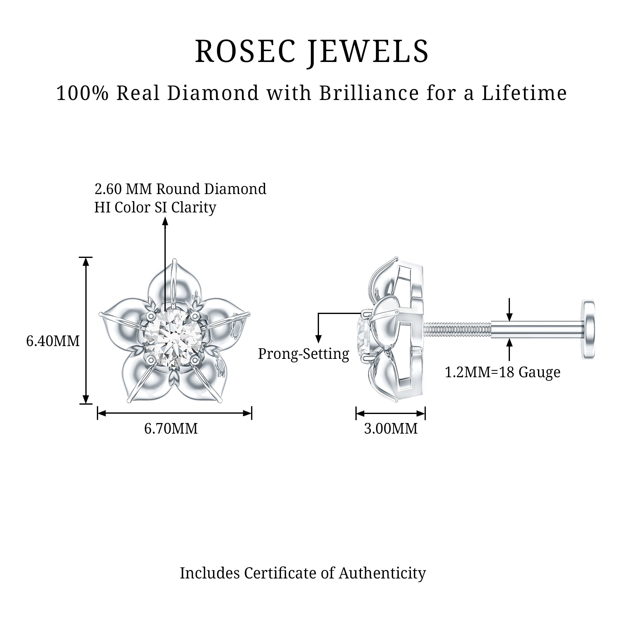 Minimal Diamond Flower Earring for Helix Piercing Natural - ( HI-SI ) - Rosec Jewels