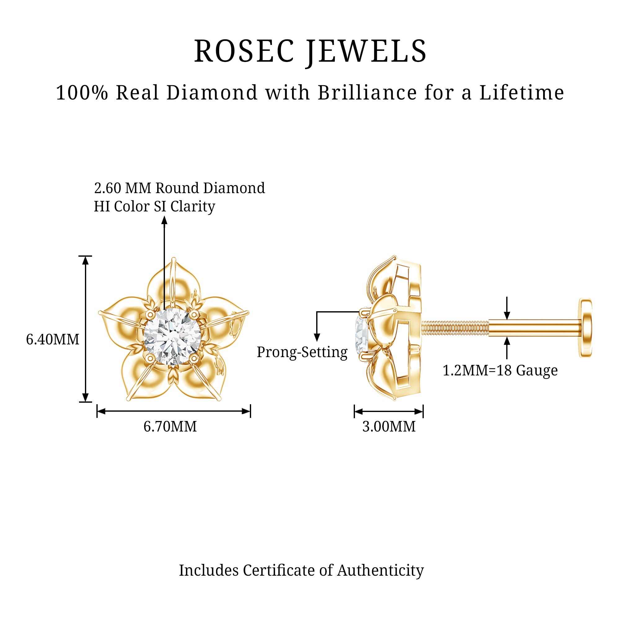 Minimal Diamond Flower Earring for Helix Piercing Natural - ( HI-SI ) - Rosec Jewels