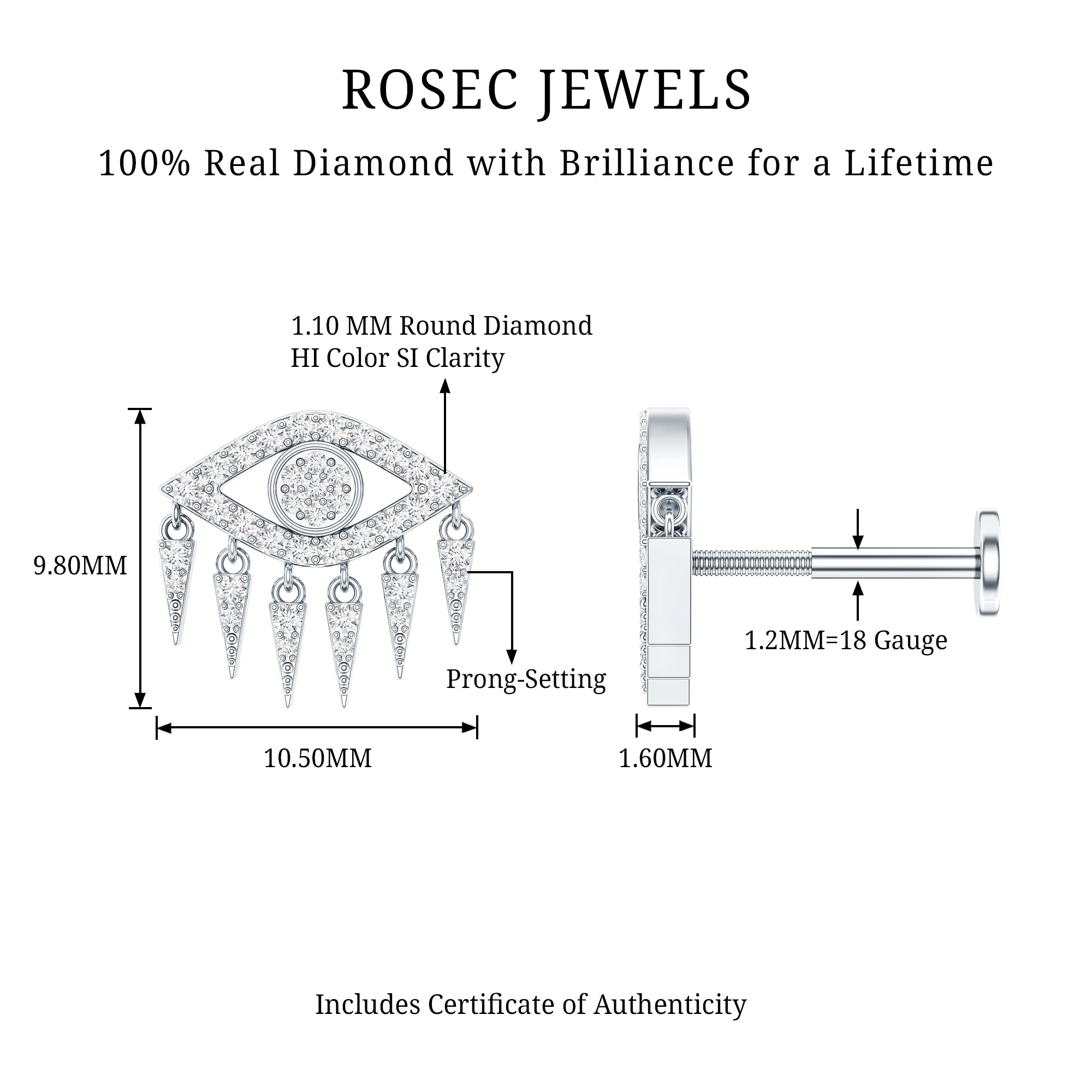 Diamond Evil Eye Earring for Upper Lobe Piercing Natural - ( HI-SI ) - Rosec Jewels