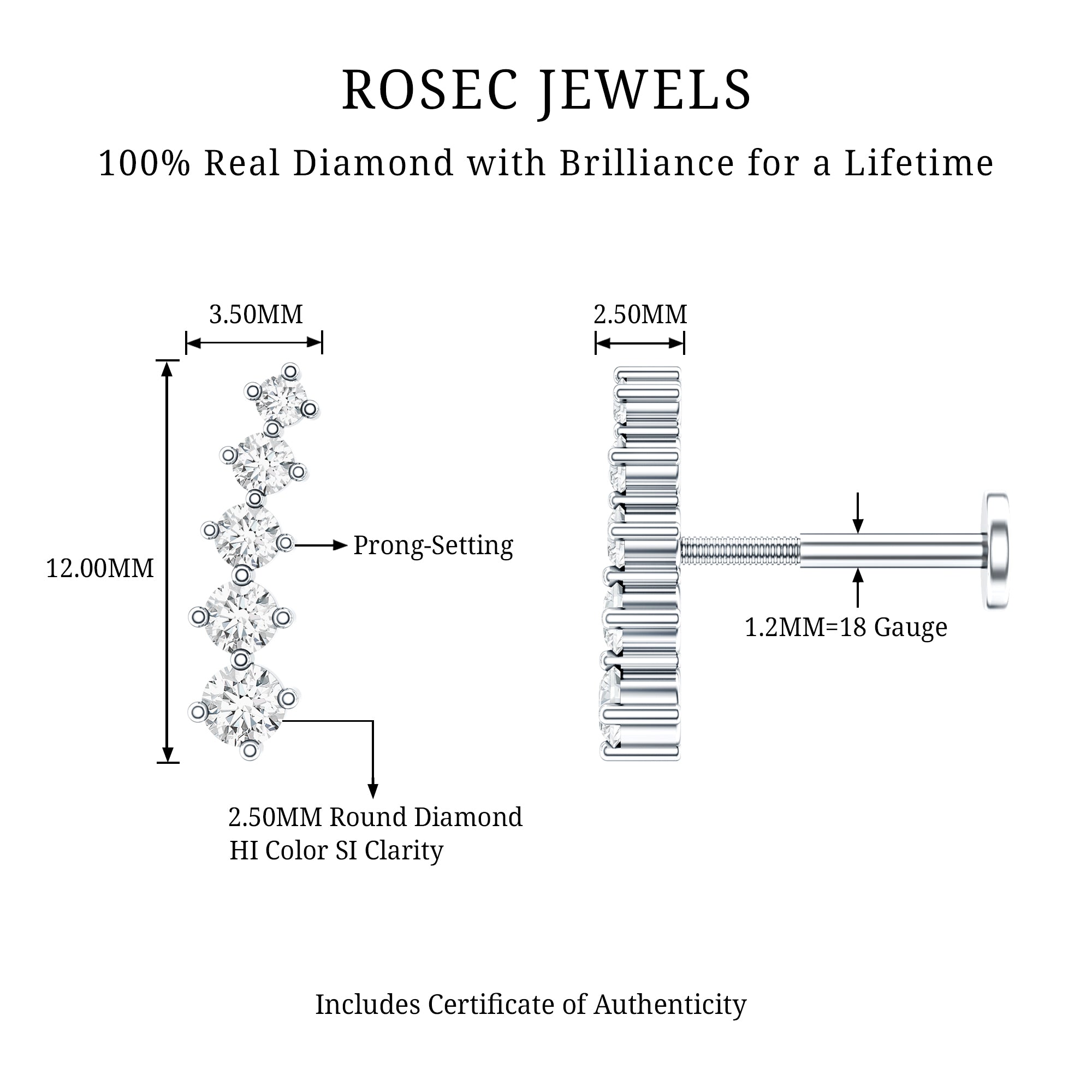 Minimal Graduated Diamond Crawler Earring Natural - ( HI-SI ) - Rosec Jewels