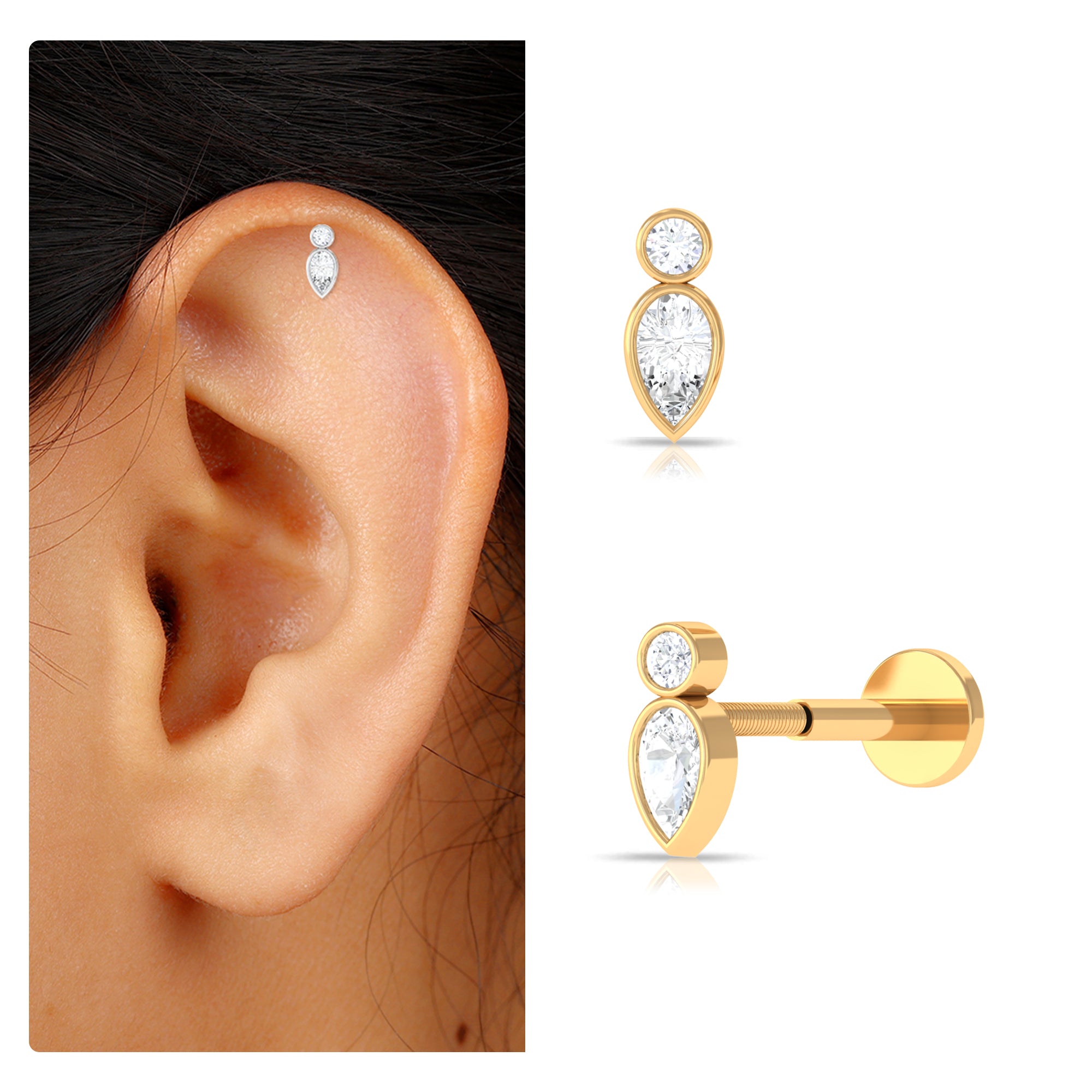 Minimal Pear Diamond Tragus Earring in Bezel Setting Natural - ( HI-SI ) - Rosec Jewels