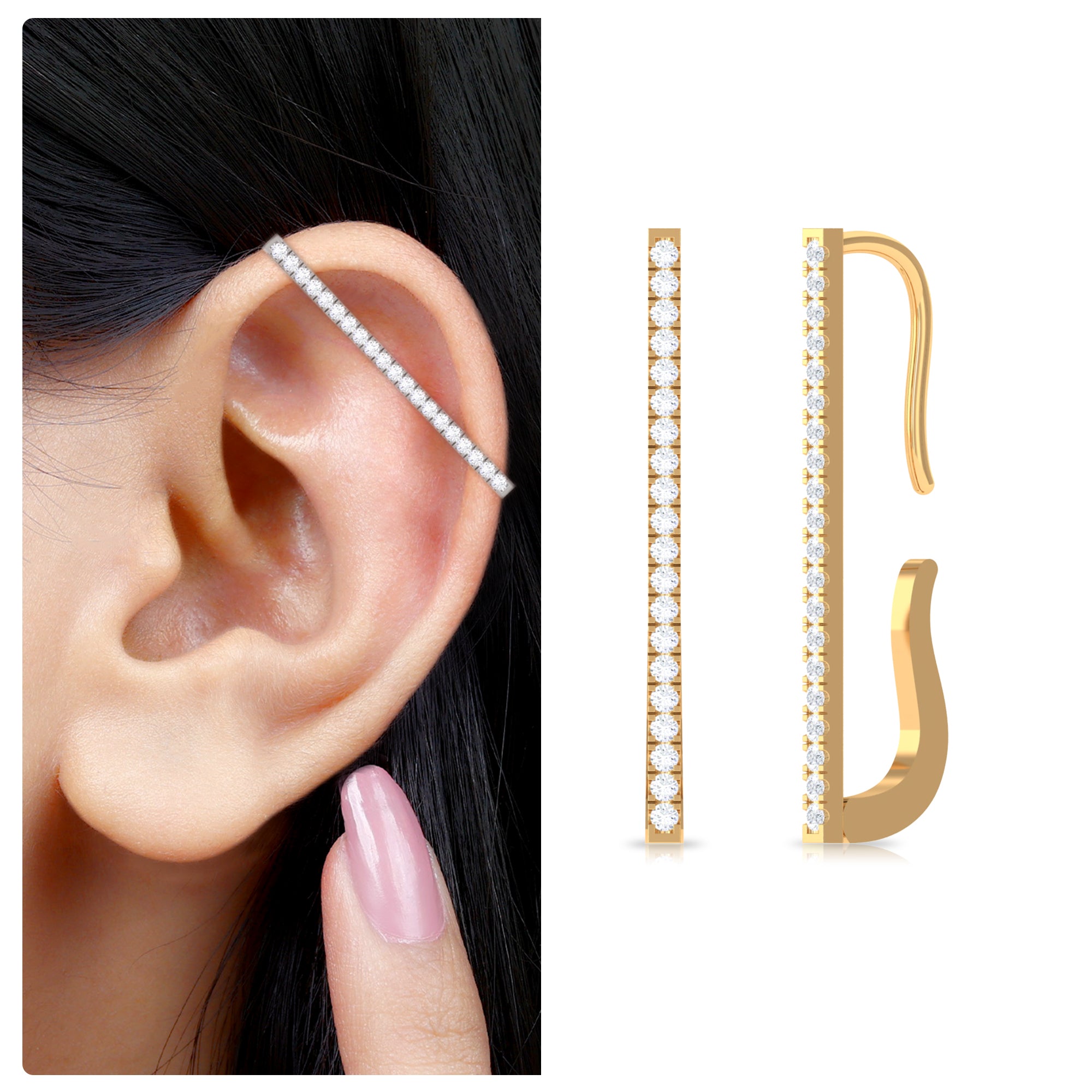 Pave Set Diamond Bar Ear Cuff No Piercing Natural - ( HI-SI ) - Rosec Jewels