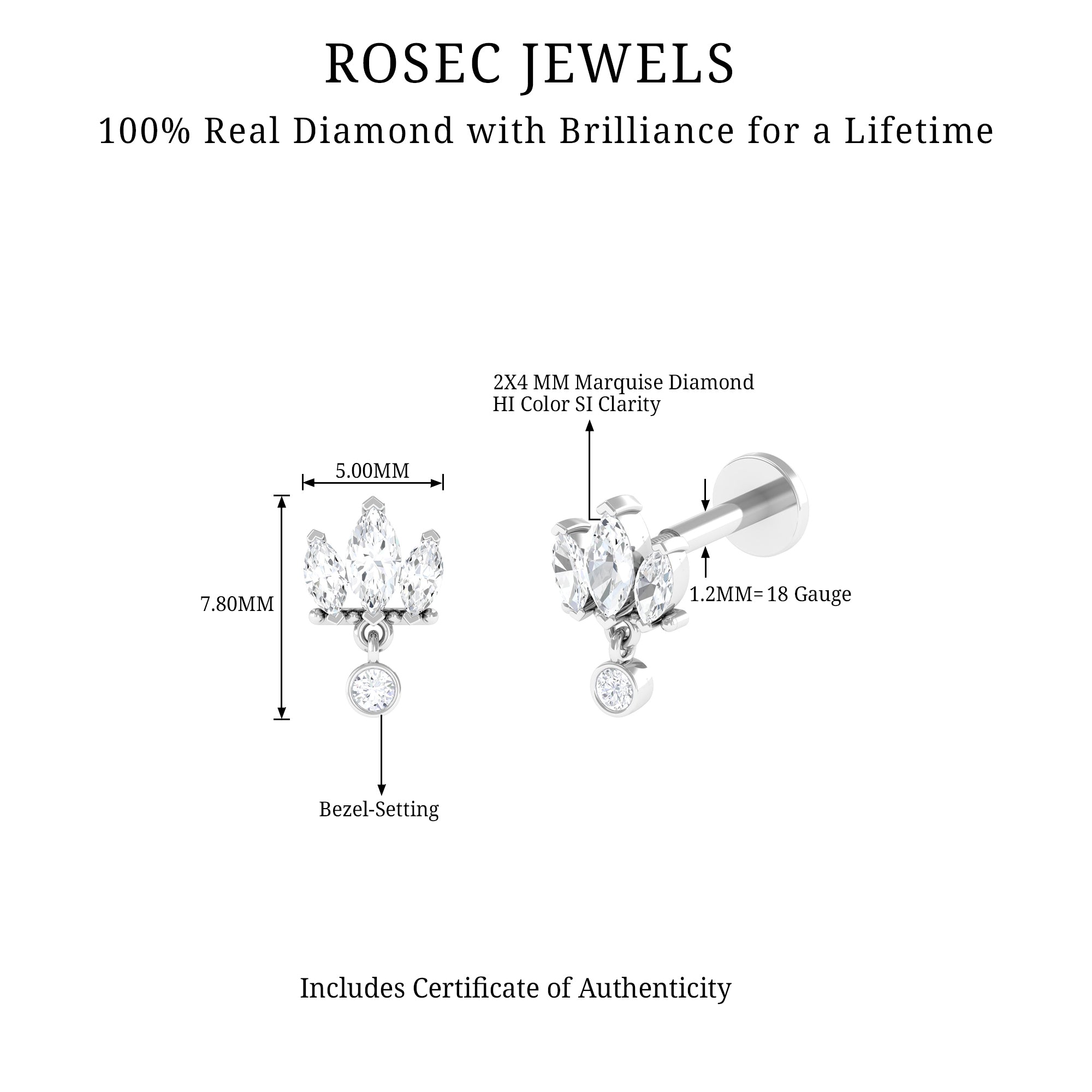 Three Marquise Shape Diamond Helix Drop Earring Natural - ( HI-SI ) - Rosec Jewels