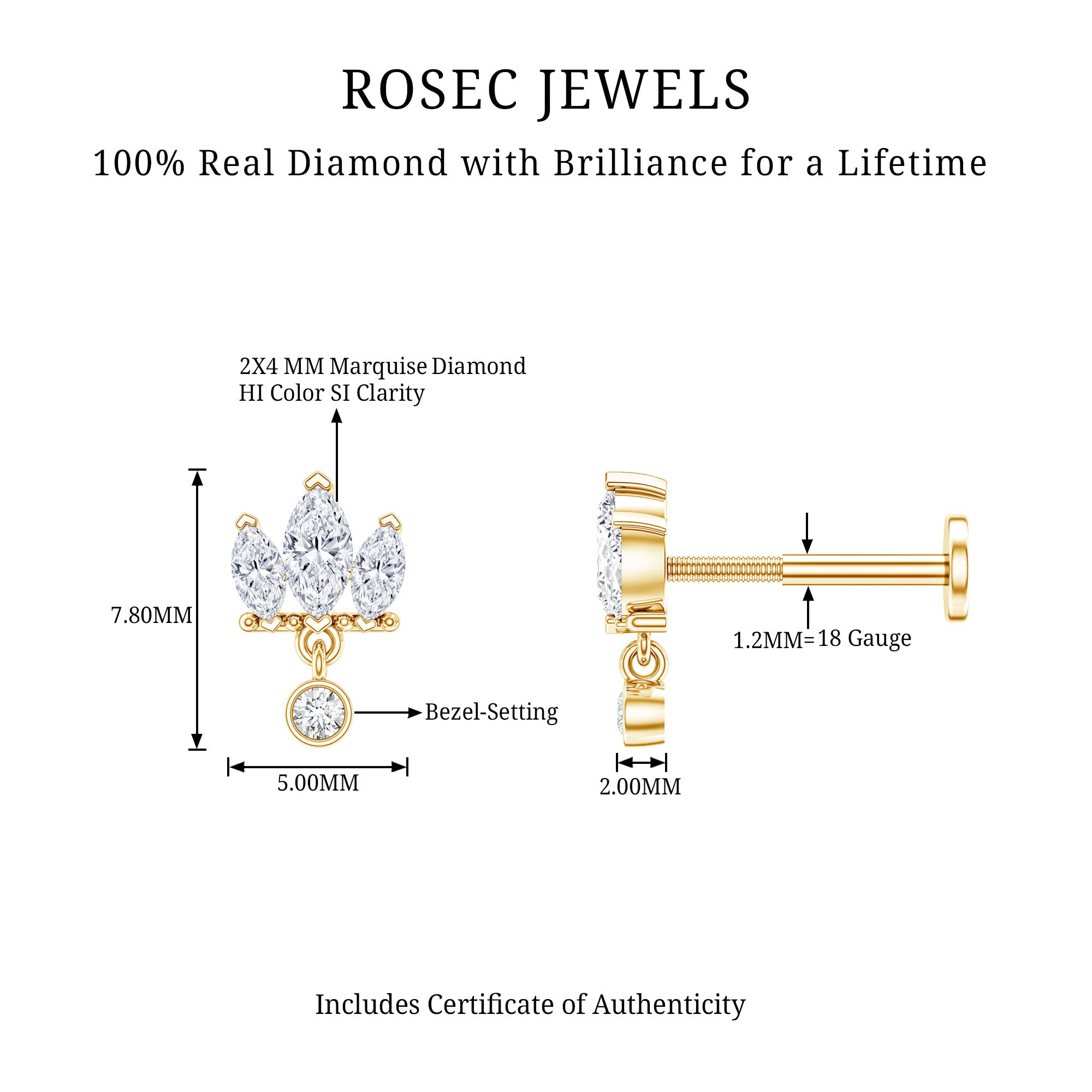 Three Marquise Shape Diamond Helix Drop Earring Natural - ( HI-SI ) - Rosec Jewels