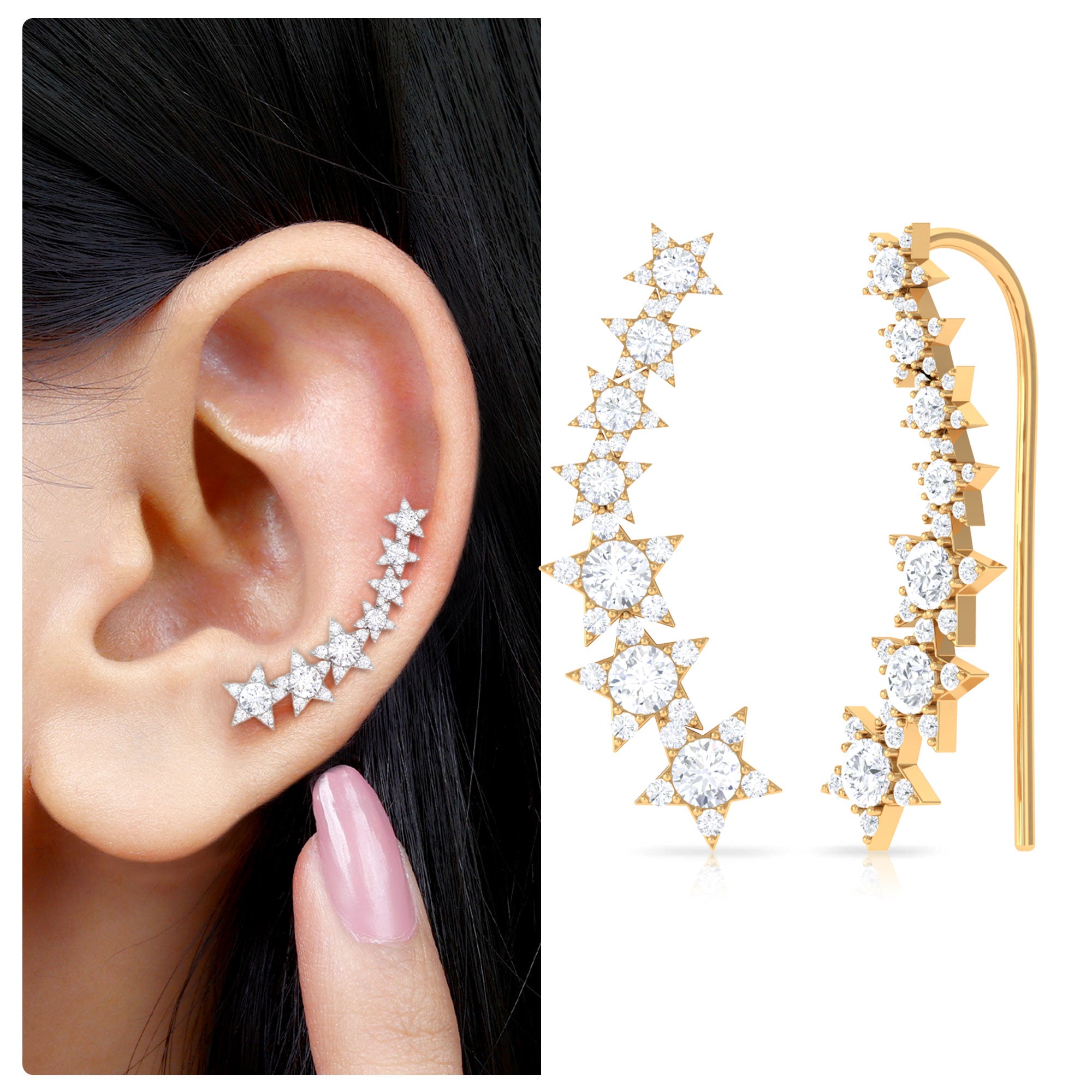 Certified Diamond Star Ear Cuff Earring for Helix Piercing Natural - ( HI-SI ) - Rosec Jewels
