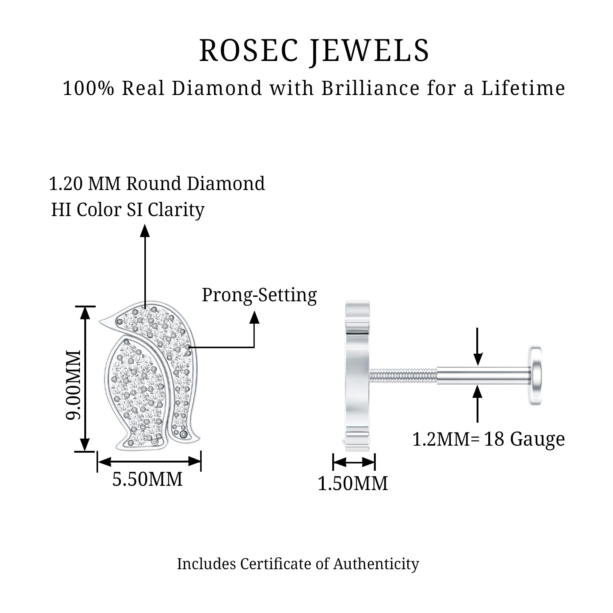 Cute Diamond Penguin Earring for Cartilage Piercing Natural - ( HI-SI ) - Rosec Jewels
