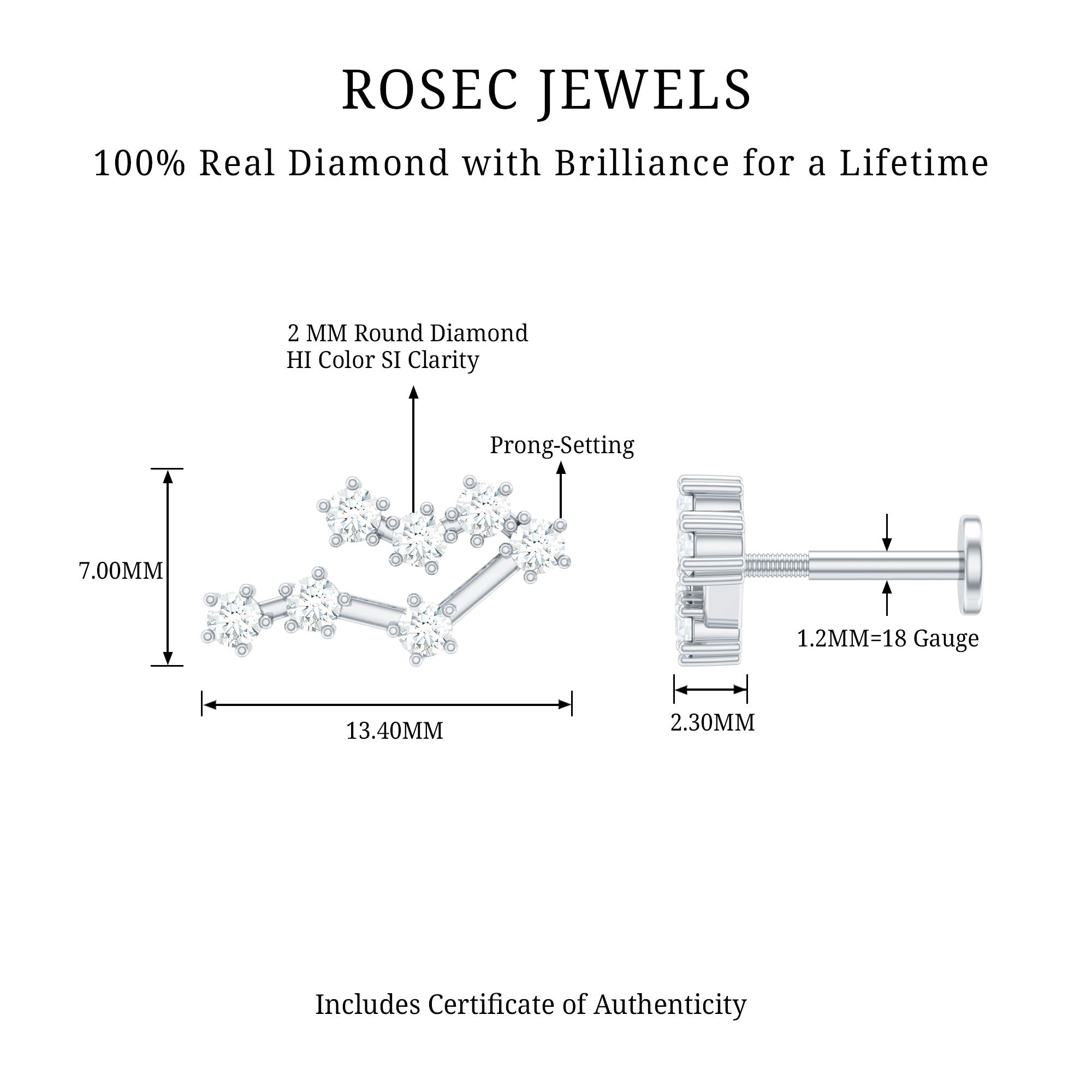 Round Diamond Gemini Zodiac Cartilage Earring Natural - ( HI-SI ) - Rosec Jewels