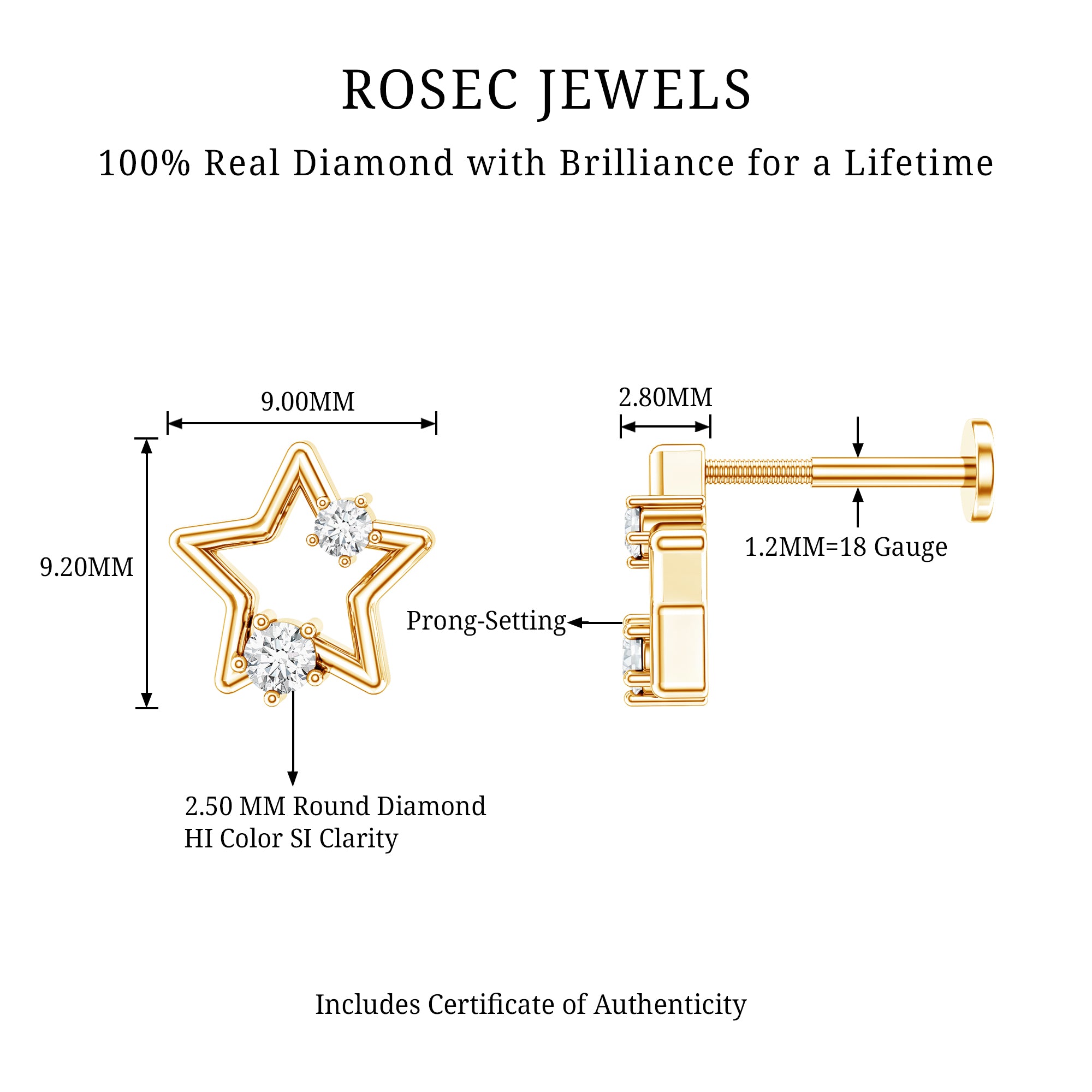 Certified Diamond Star Earring for Upper Lobe Piercing Natural - ( HI-SI ) - Rosec Jewels
