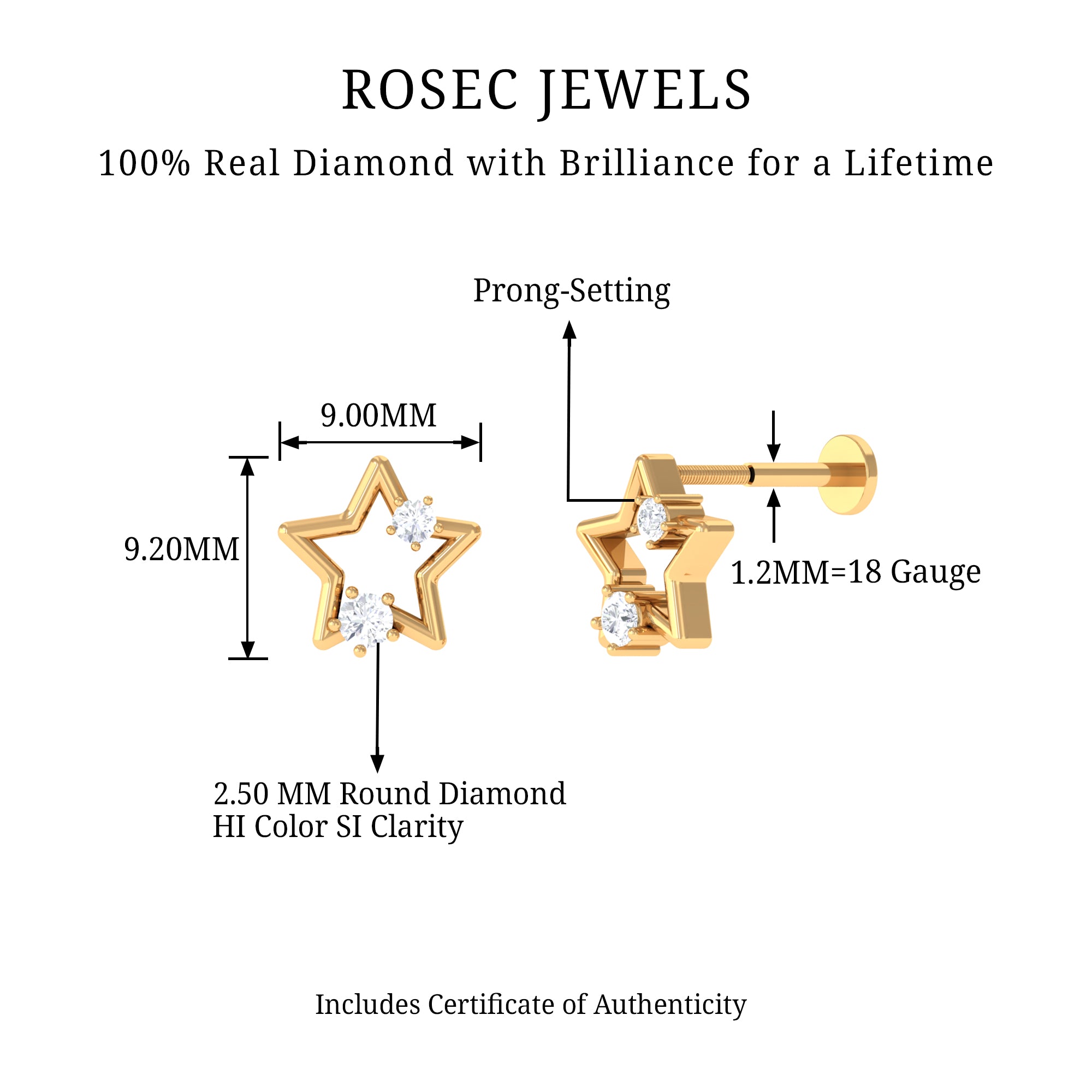 Certified Diamond Star Earring for Upper Lobe Piercing Natural - ( HI-SI ) - Rosec Jewels