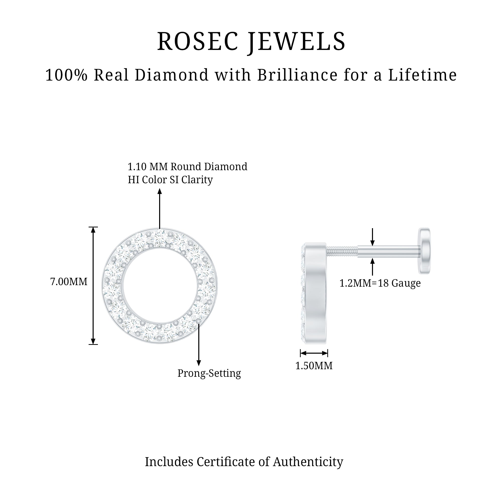Simple Diamond Open Circle Earring with Flat Back Natural - ( HI-SI ) - Rosec Jewels