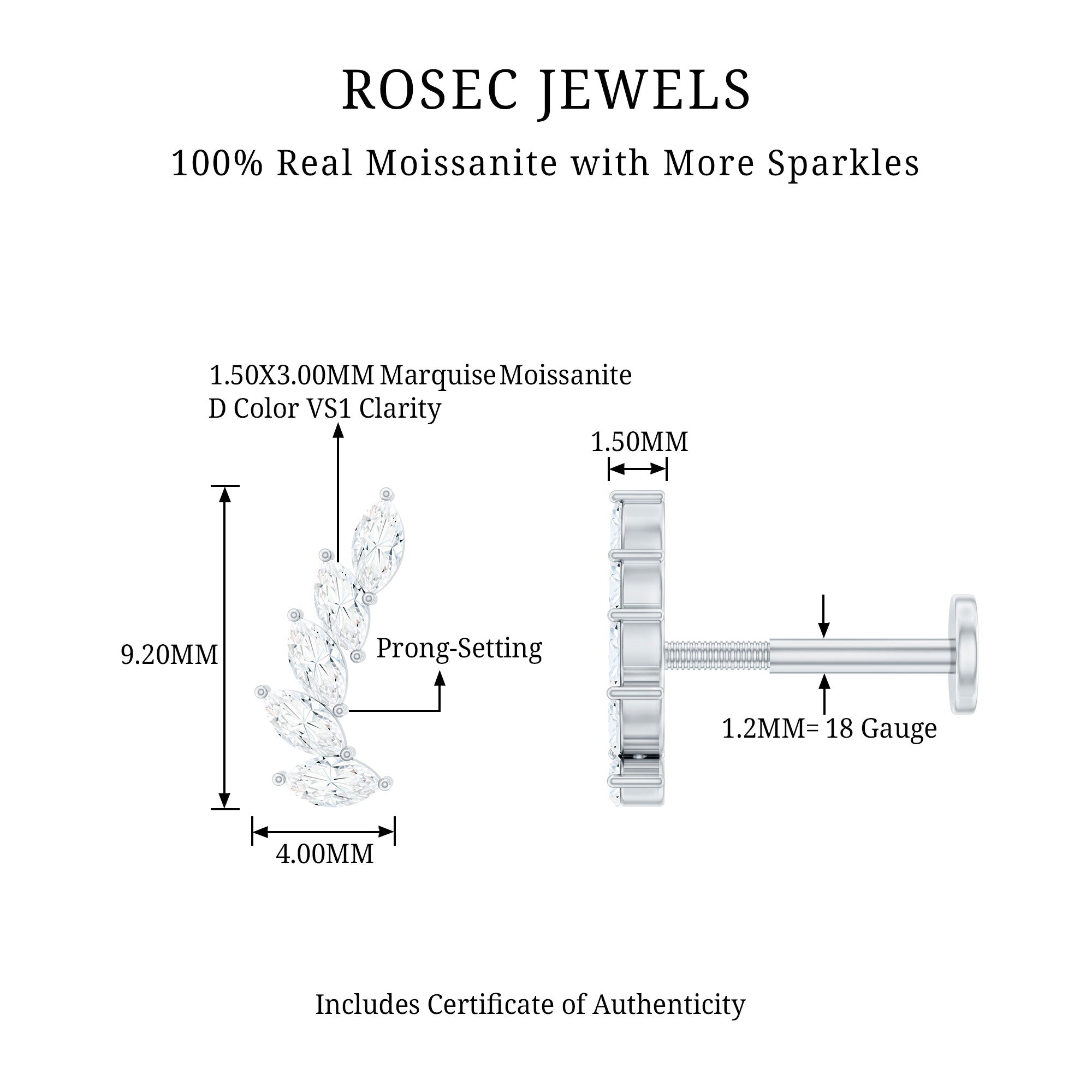 Marquise Moissanite Curved Helix Ear Crawler Earring D-VS1 - Rosec Jewels