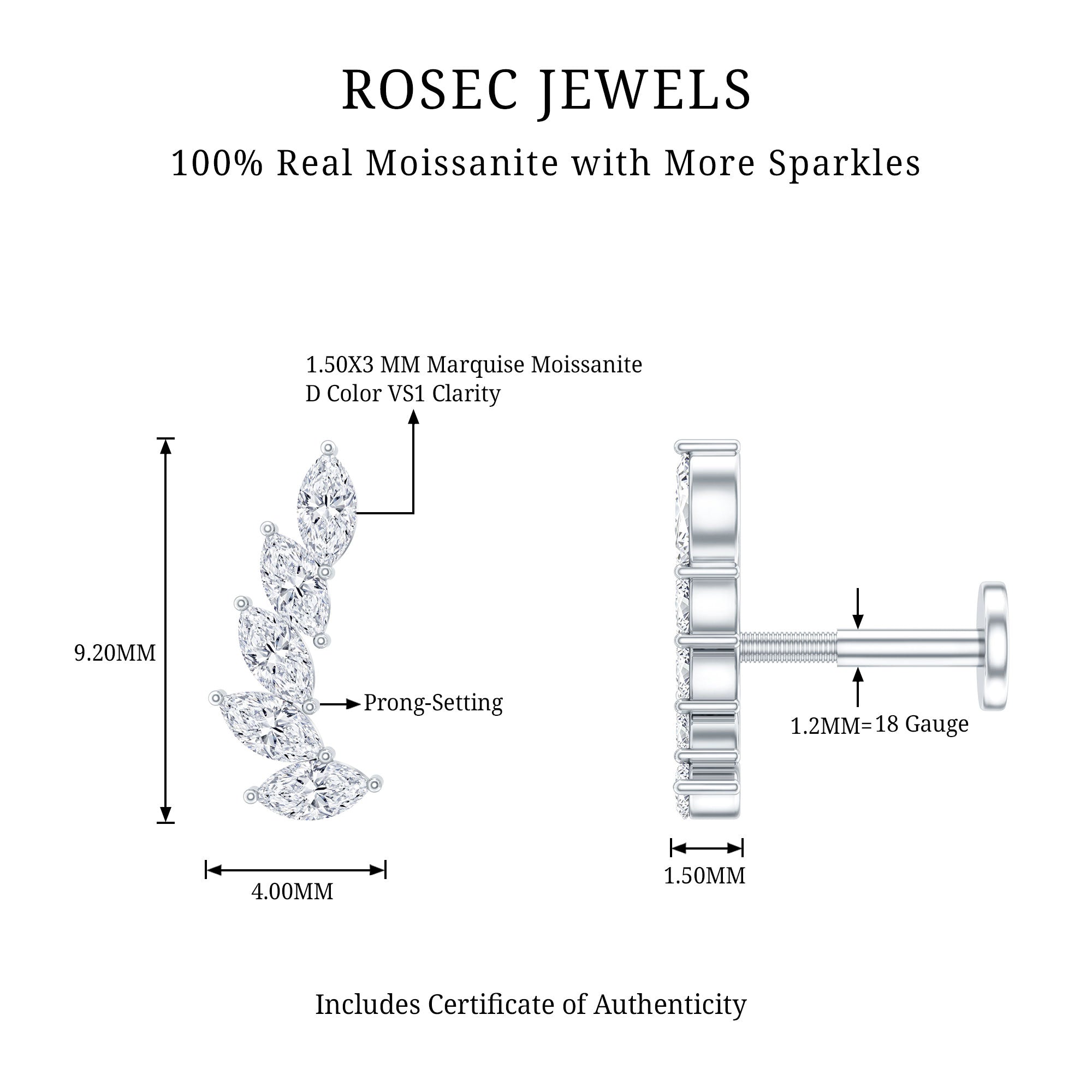 Marquise Moissanite Curved Helix Ear Crawler Earring D-VS1 - Rosec Jewels