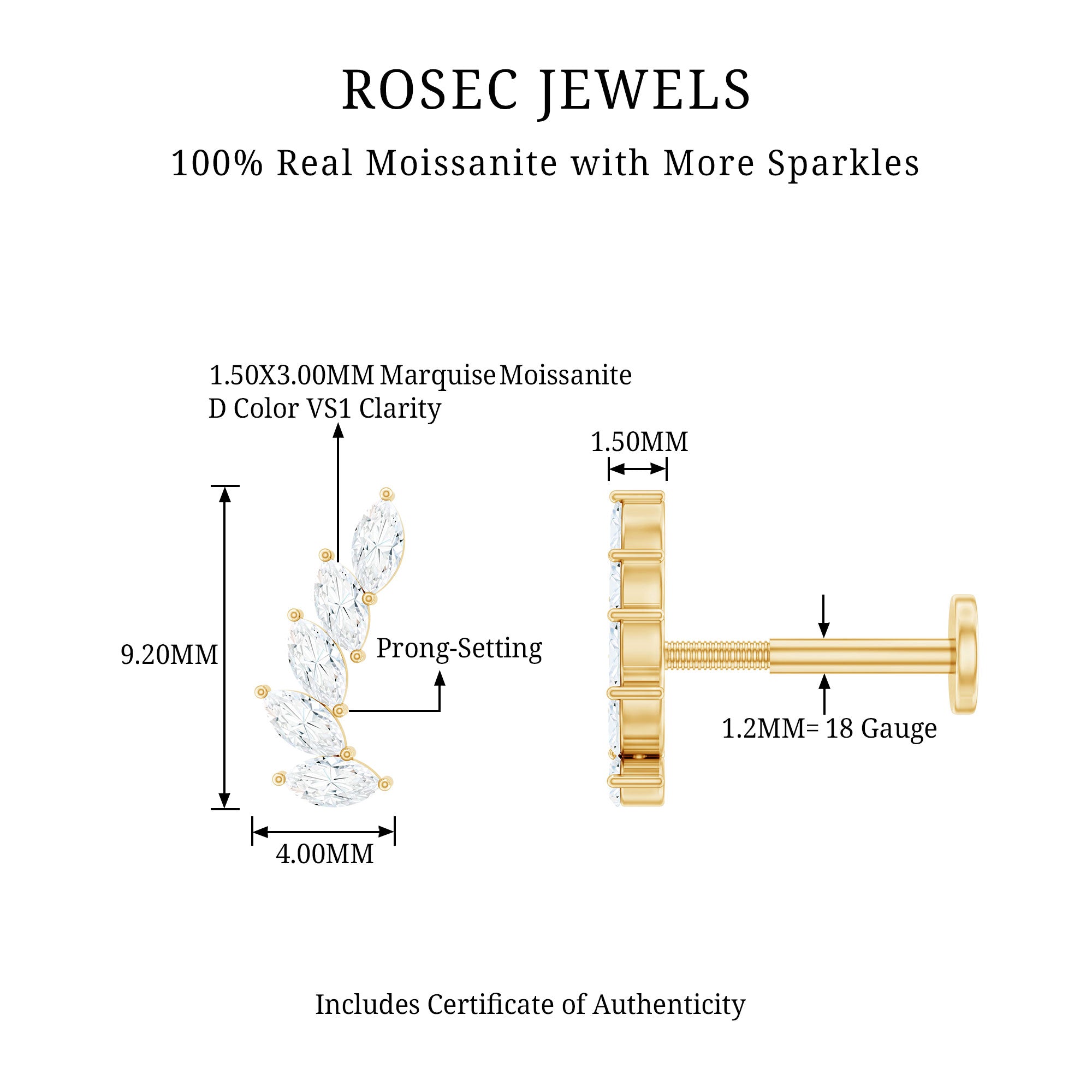 Marquise Moissanite Curved Helix Ear Crawler Earring D-VS1 - Rosec Jewels