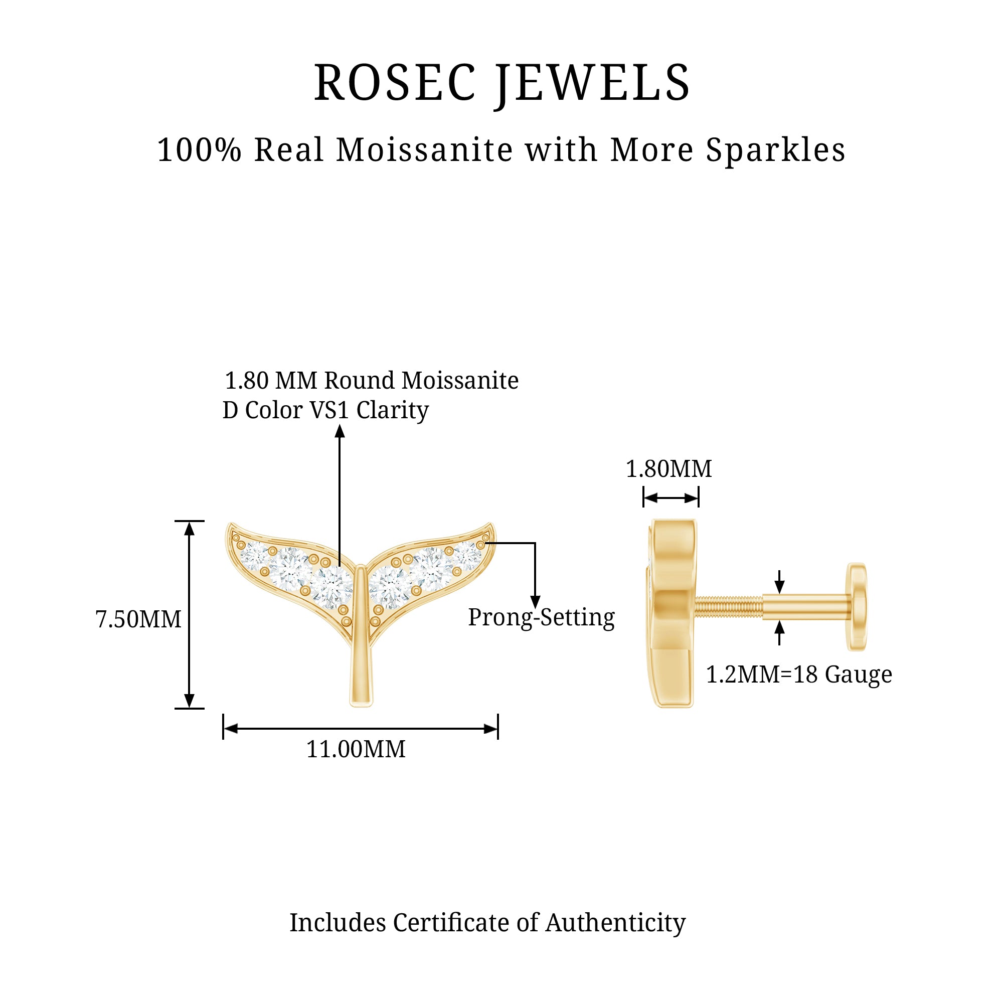 Moissanite Whale Tail Earring for Cartilage Piercing D-VS1 - Rosec Jewels
