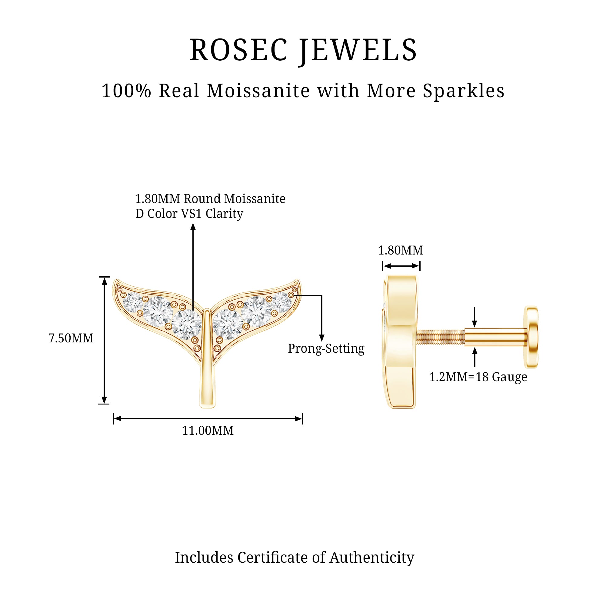 Moissanite Whale Tail Earring for Cartilage Piercing D-VS1 - Rosec Jewels
