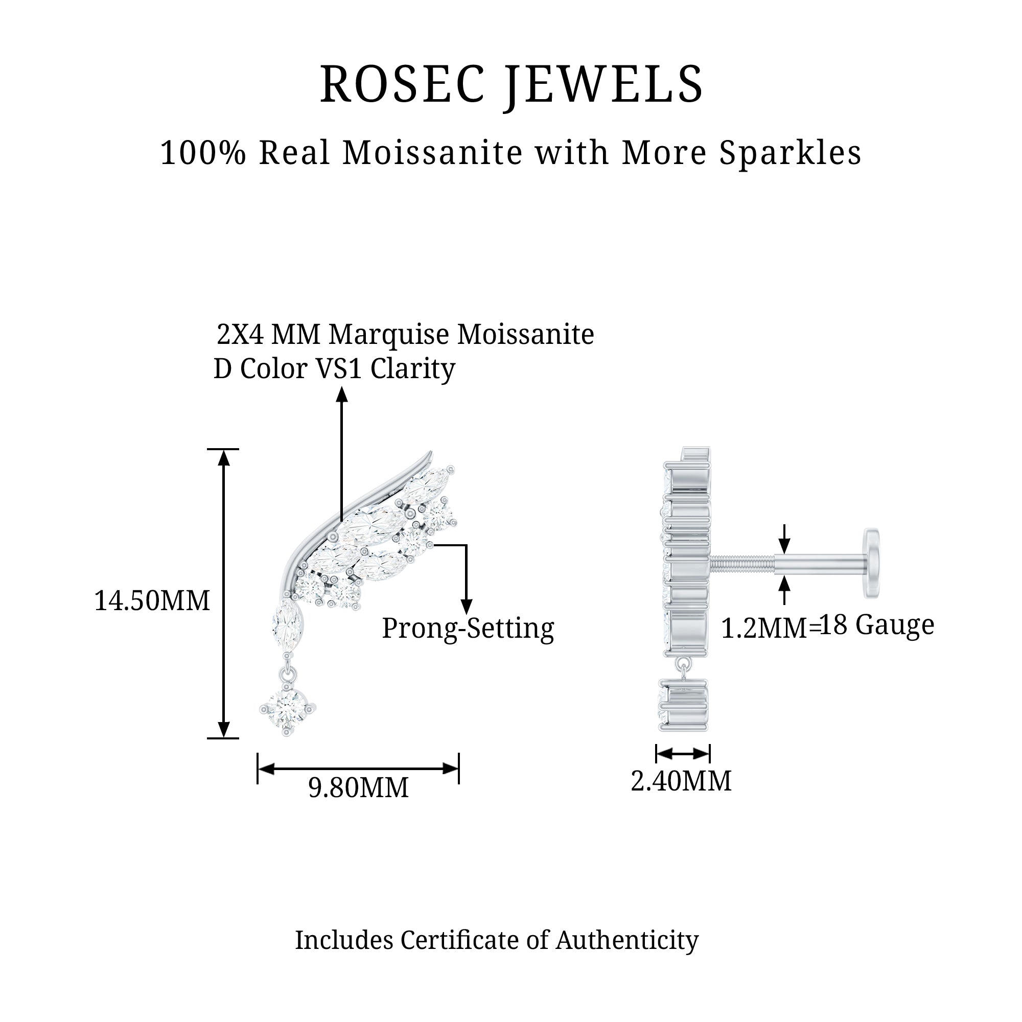 Unique Moissanite Wing Earring for Cartilage Piercing D-VS1 - Rosec Jewels