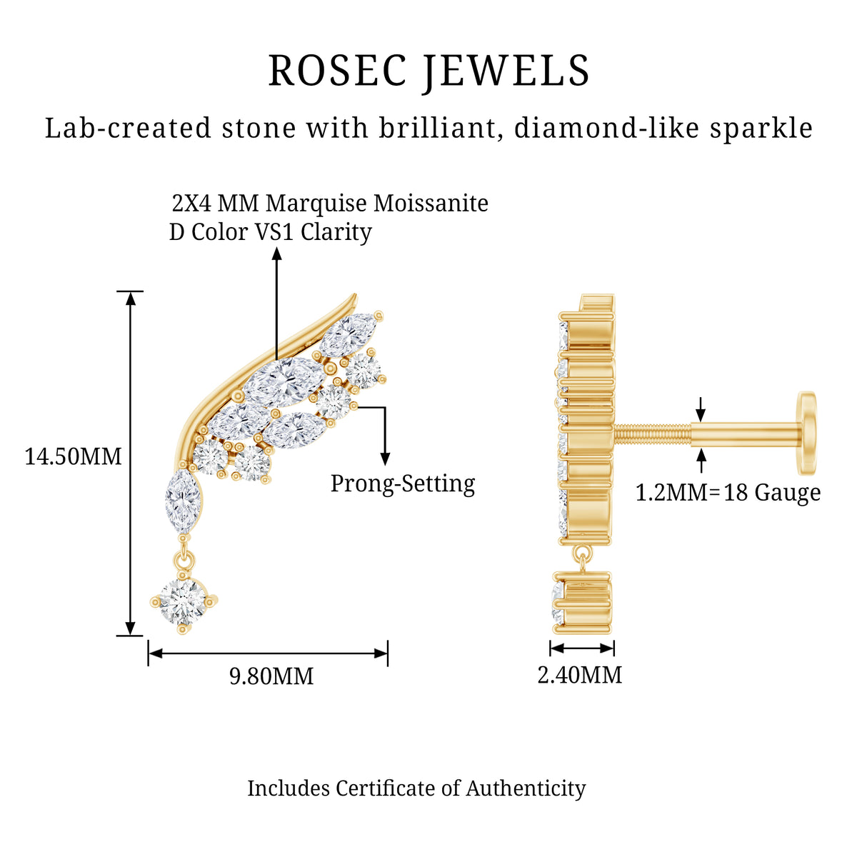 Unique Moissanite Wing Earring for Cartilage Piercing D-VS1 - Rosec Jewels