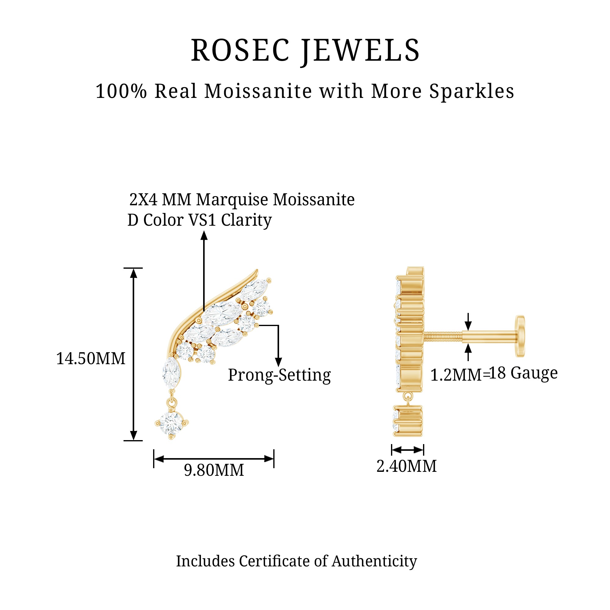 Unique Moissanite Wing Earring for Cartilage Piercing D-VS1 - Rosec Jewels