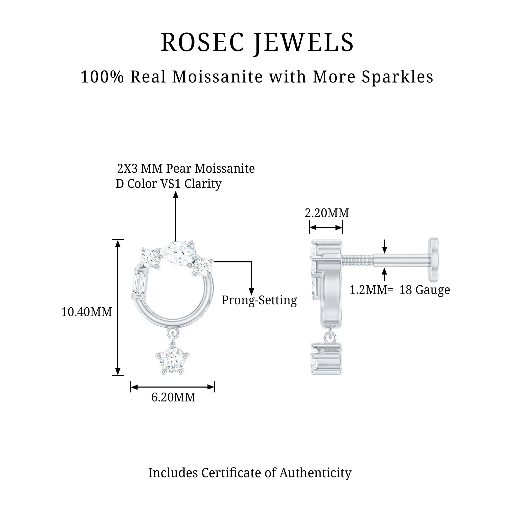 Moissanite Circle Drop Earring for Cartilage Piercing D-VS1 - Rosec Jewels