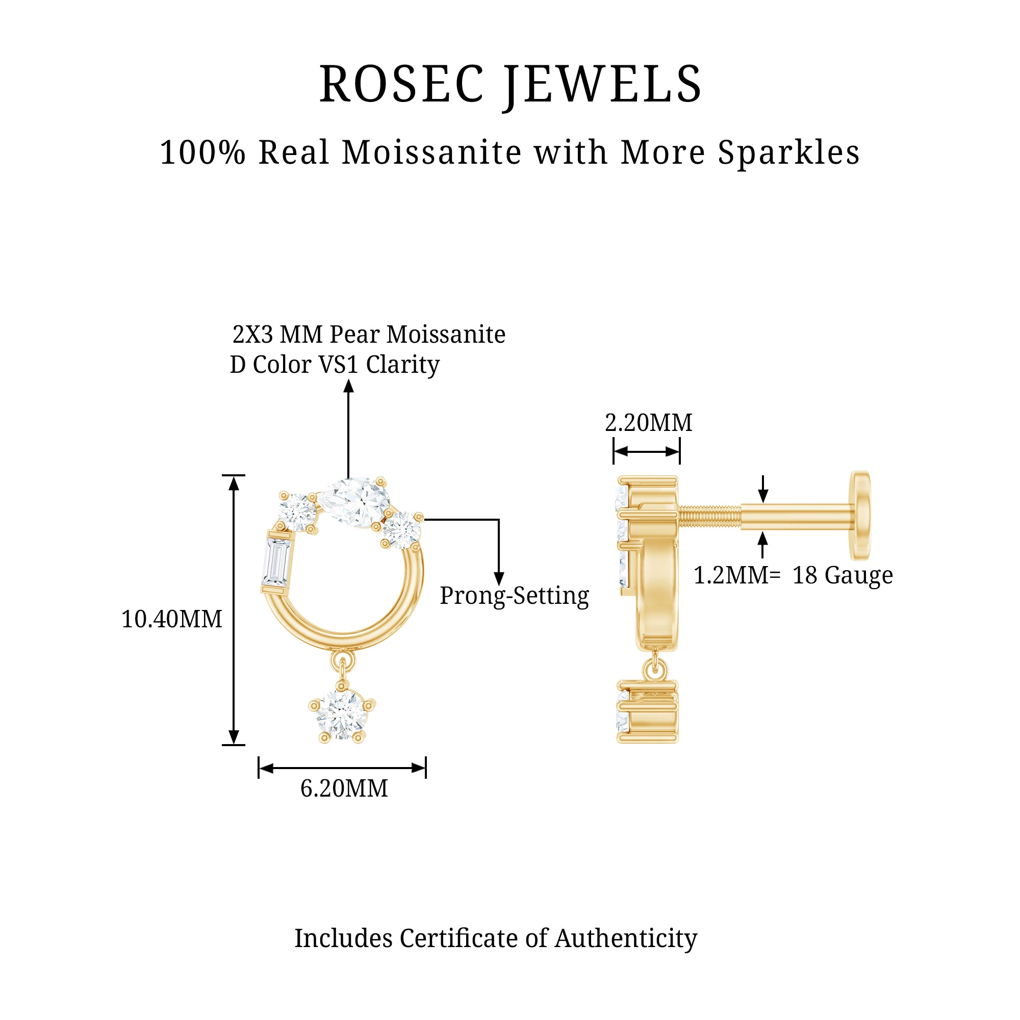 Moissanite Circle Drop Earring for Cartilage Piercing D-VS1 - Rosec Jewels