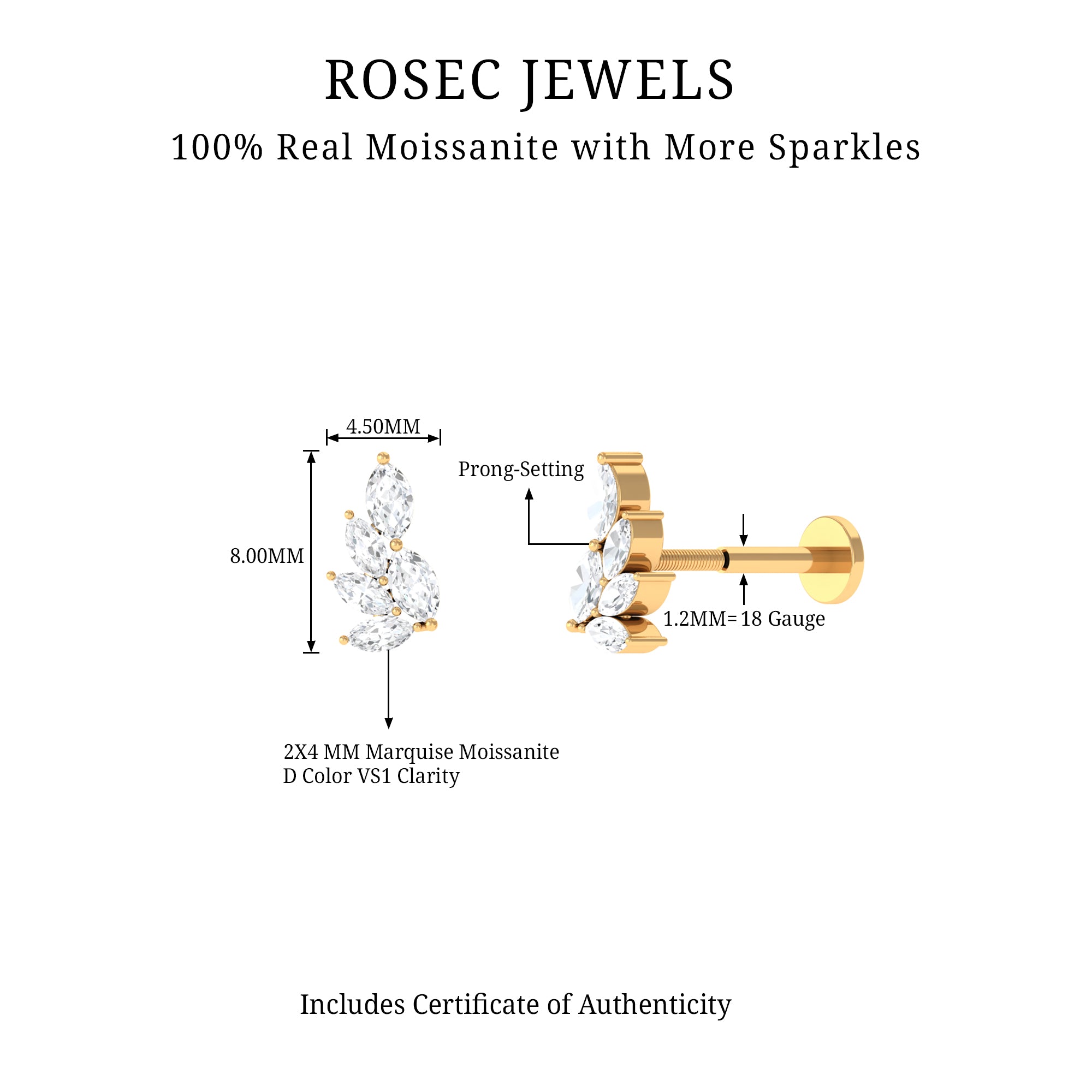 Marquise Moissanite Cluster Earring for Helix Piercing D-VS1 - Rosec Jewels
