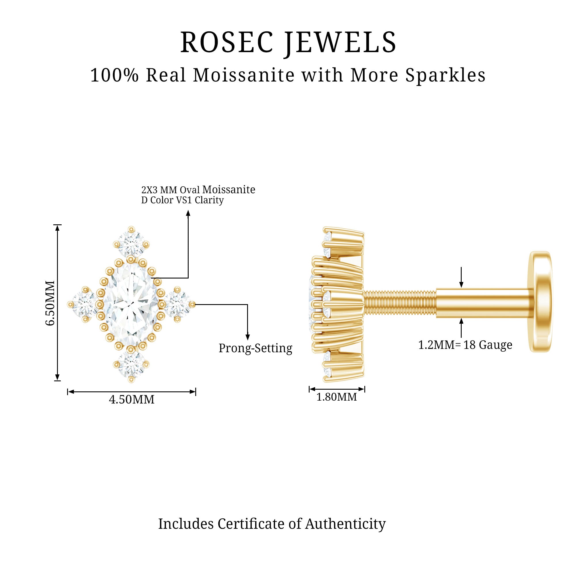 Vintage Inspired Moissanite Oval Conch Earring D-VS1 - Rosec Jewels