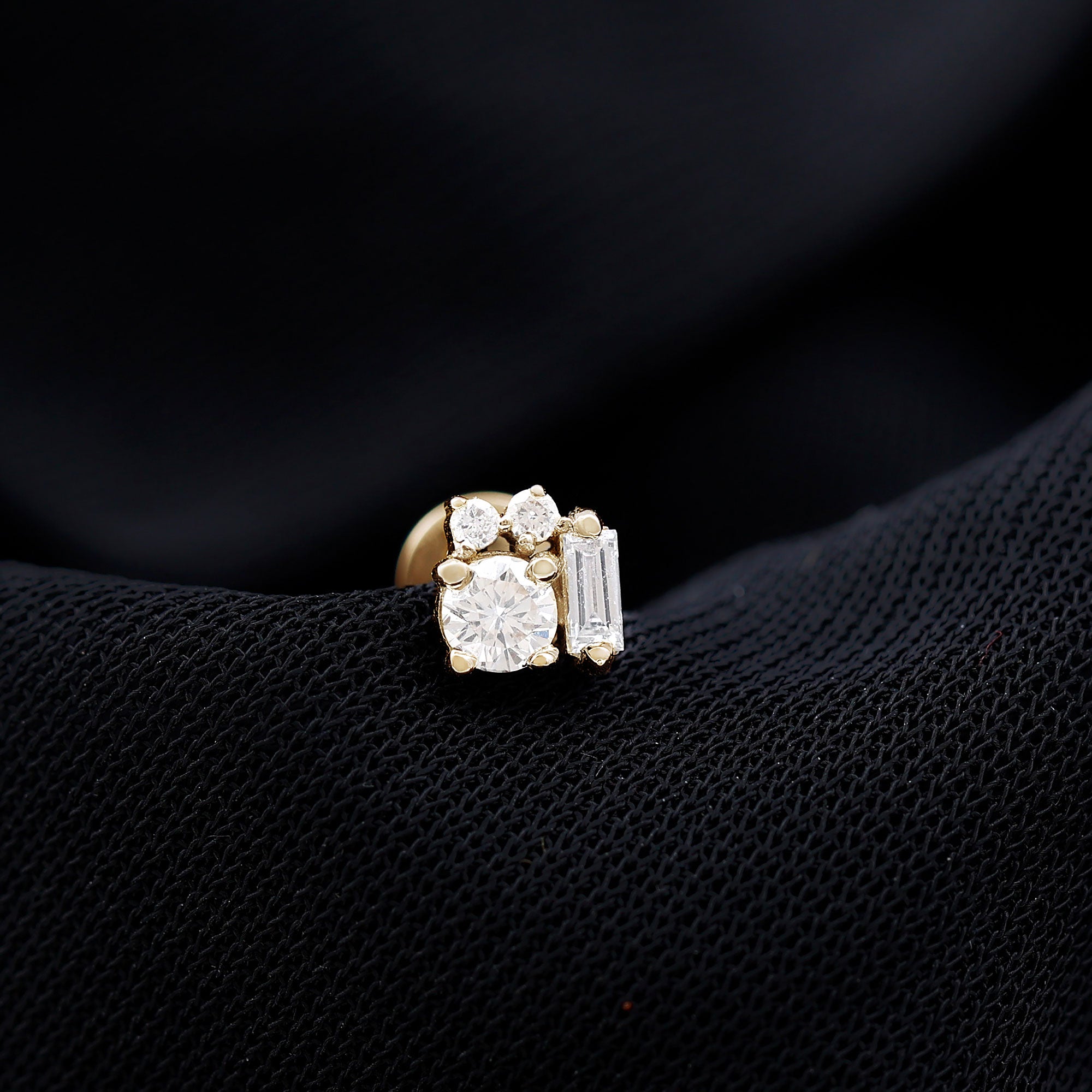 Baguette and Round Moissanite Cluster Tragus Earring D-VS1 - Rosec Jewels
