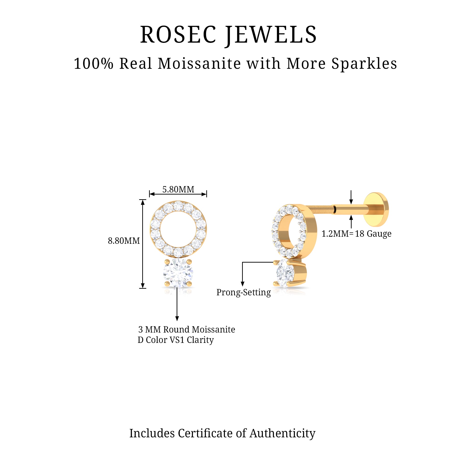 Certified Moissanite Open Circle Cartilage Earring for Women D-VS1 - Rosec Jewels