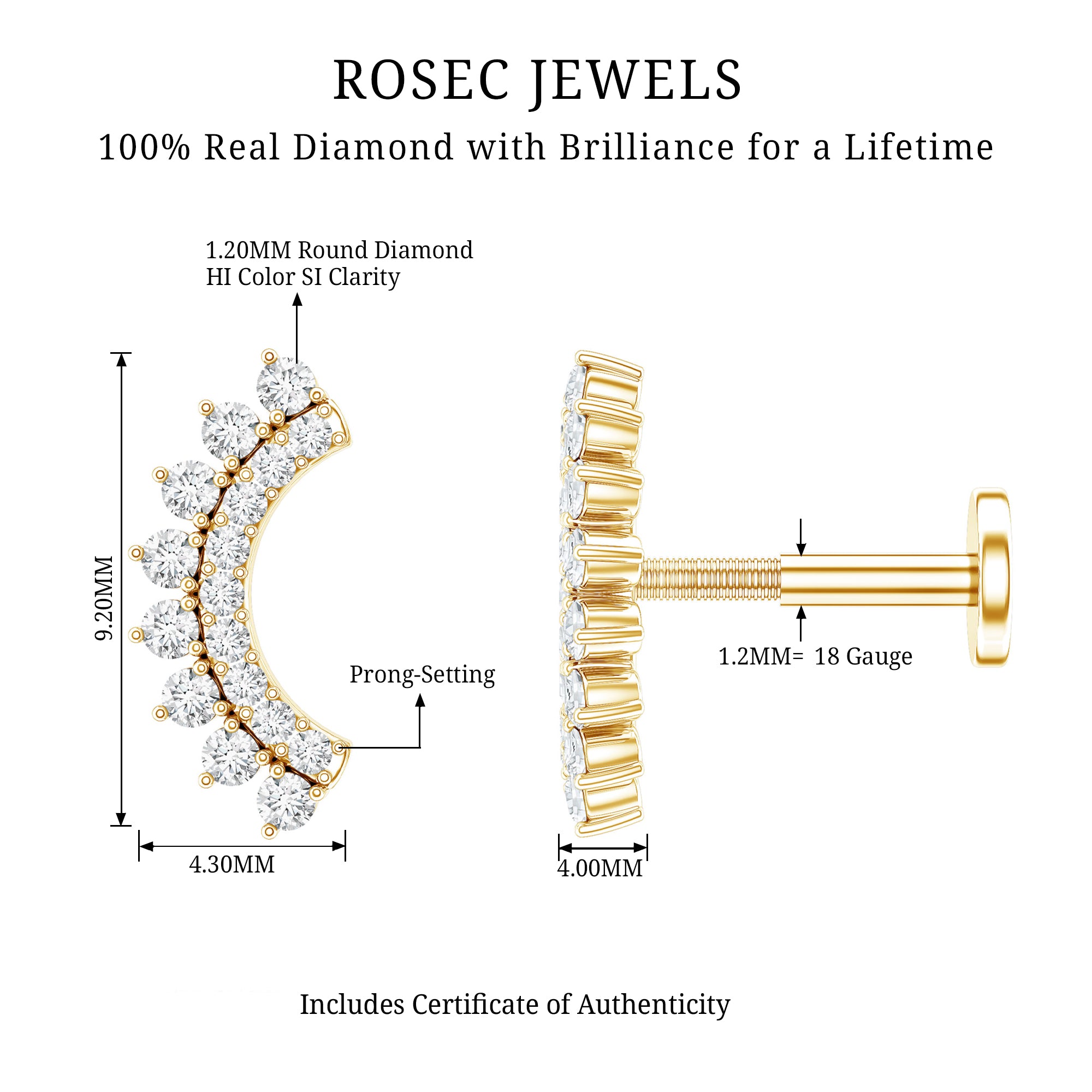 Certified Diamond Curved Cartilage Earring Natural - ( HI-SI ) - Rosec Jewels