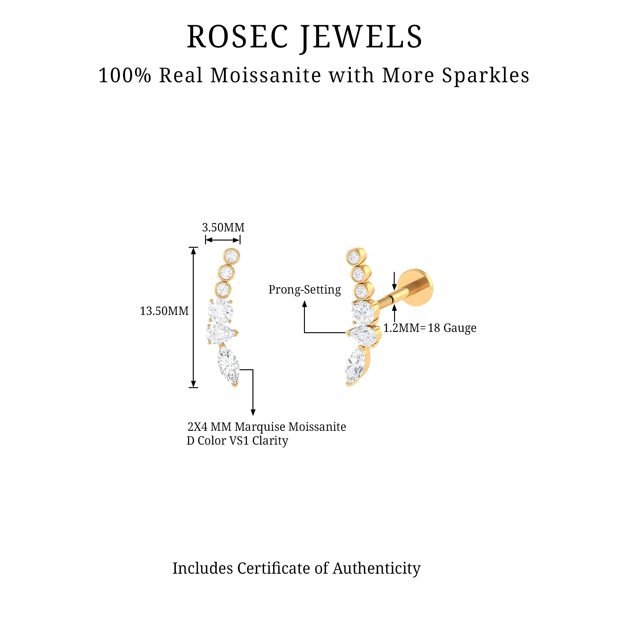 Certified Moissanite Designer Crawler Earring D-VS1 - Rosec Jewels