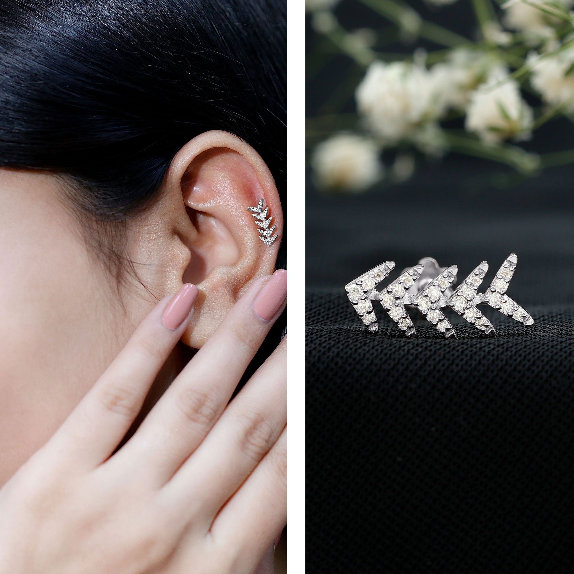 Certified Moissanite Leaf Crawler Earring for Helix Piercing D-VS1 - Rosec Jewels