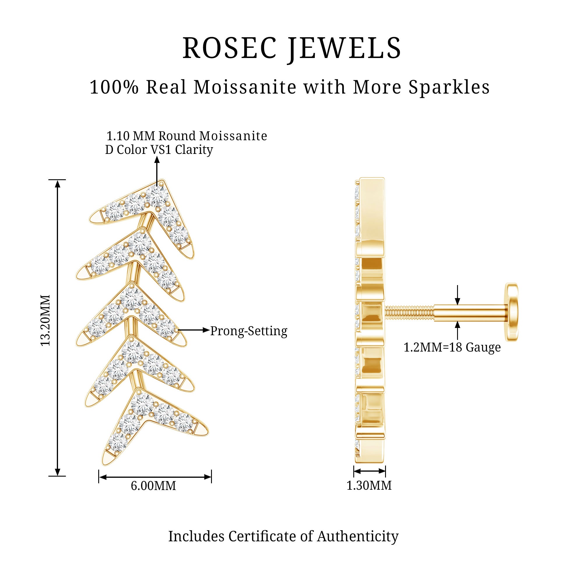 Certified Moissanite Leaf Crawler Earring for Helix Piercing D-VS1 - Rosec Jewels