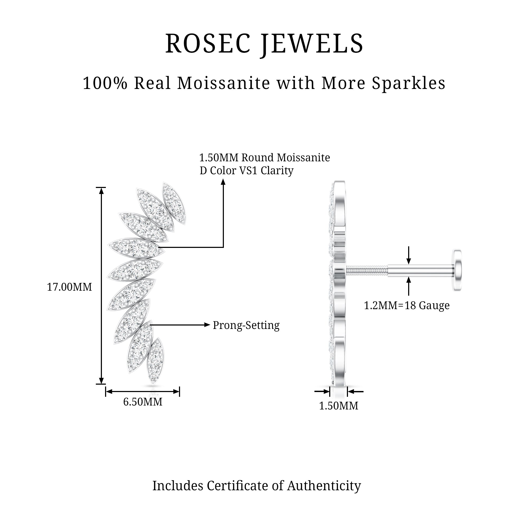 Certified Moissanite Feather Climber Cartilage Earring D-VS1 - Rosec Jewels